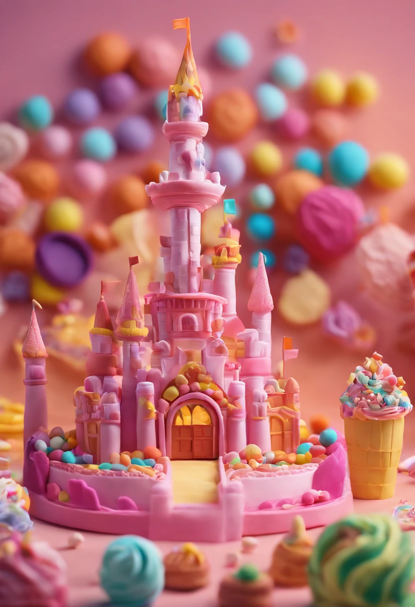 Candy Castle,There are chocolates,Cupcakes,Cookie,Candy as a decoration, Clay material, Cartoon design style, pop mart, Soft lighting, Smooth lines, tilt shift lens, Detailed science fiction illustration, Hyper-realistic details, warm color
