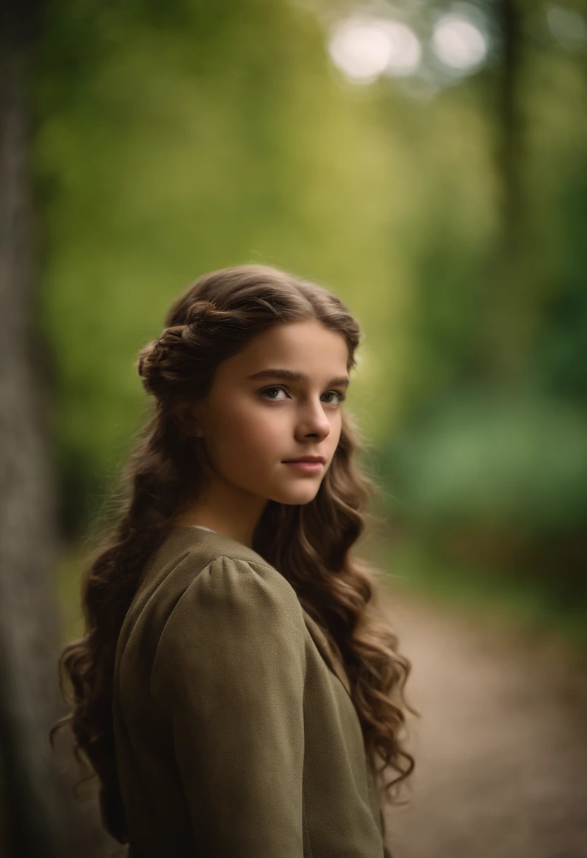 Fille de  ans aux cheveux bruns , Well curled and long, il a les yeux vert feuille et porte une queue de cheval comme coiffure. In the background, il y a un lac