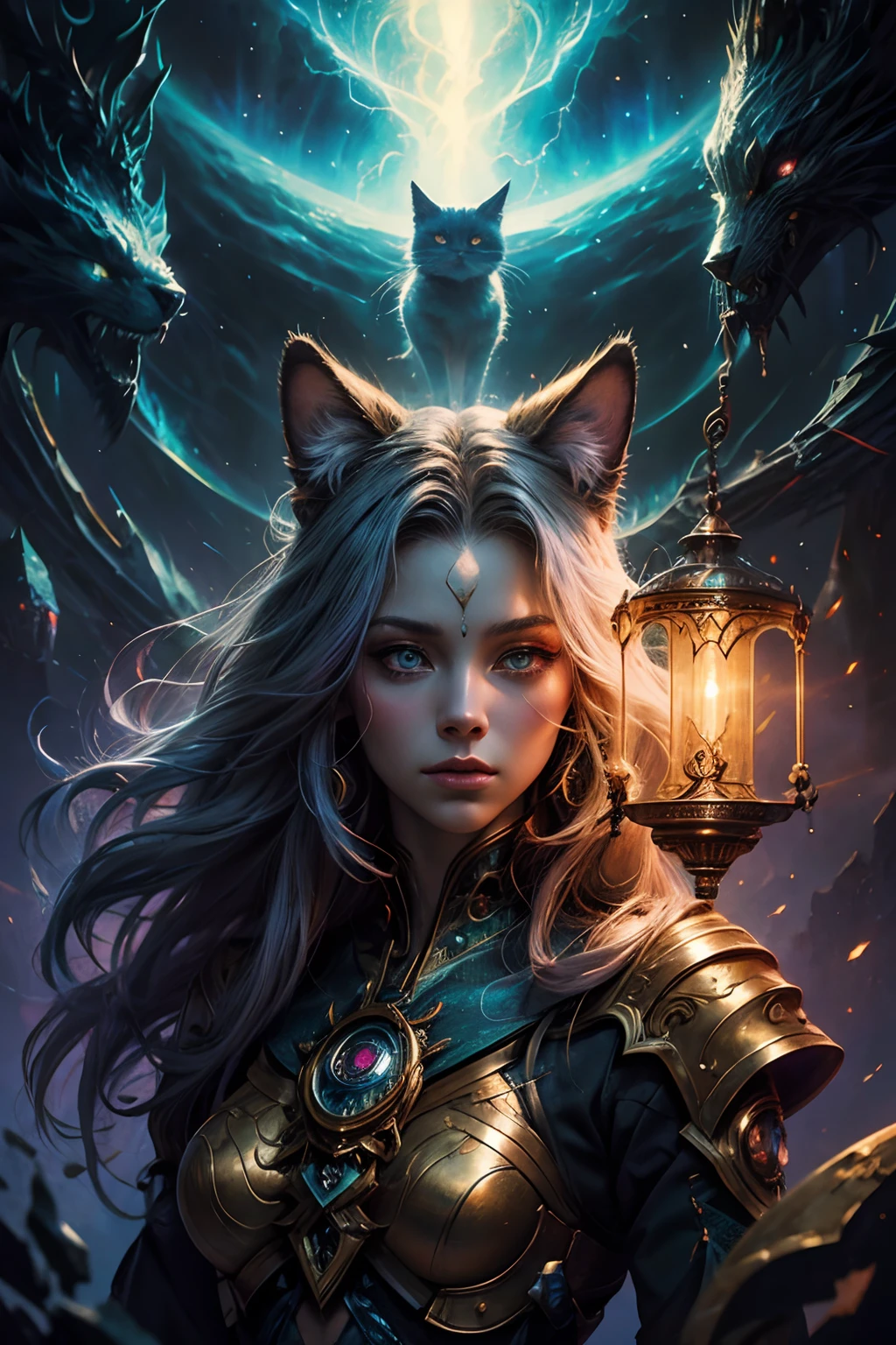 galactic cat with a lot of hair on it's head, third eye, staring at something in the distance, intricate details, electric, fantasy art, Anato Finnstark, emulsion painting, highly detailed, misty rutkowski, hdr, hyperdetailed, rim light, faded, dim