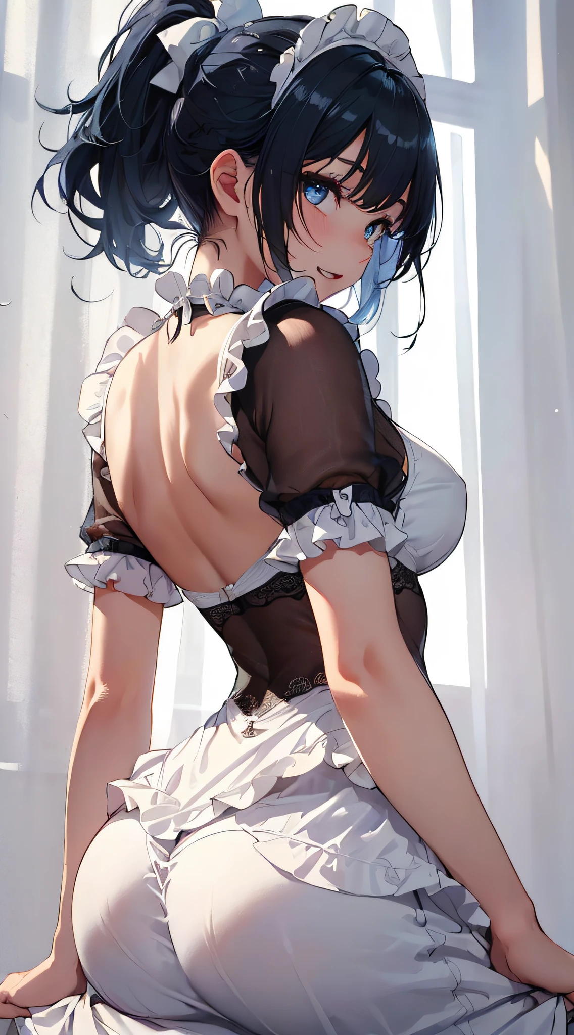top-quality、Top image quality、masterpiece、girl with((cute little、18year old、Best Bust、Medium bust、Bust 85,Beautiful blue eyes、Breasts wide open,Ponytail with black hair、A slender、Blue hair mesh、Beautiful white maid clothes、White short skirt、Laugh、posterior view、lean against the wall、emphasis on the buttocks、Opening the curtains、Black underwear))hiquality、Beautiful Art、Background with((Large White Room、White lighting,White curtains are fluttering)),masutepiece、Elaborate design、visualart、depth of fields、The best lighting、highestdetailed、8k