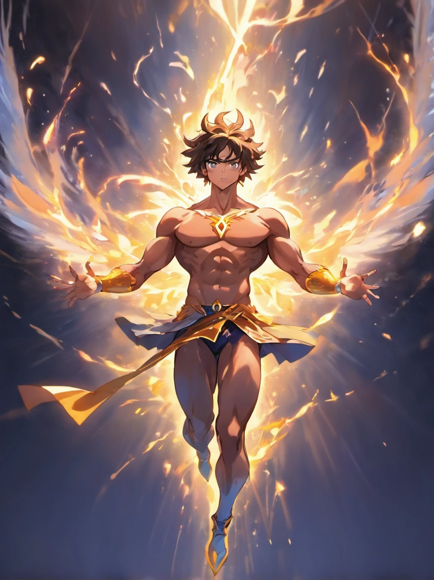(best quality,4k,8k,highres,masterpiece:1.2),ultra-detailed,(realistic,photorealistic,photo-realistic:1.37),strong, confident, handsome muscular man levitating in epic pose,full body, intense gaze, ripped abs, muscular arms, chiseled features, striking jawline, piercing eyes, flowing hair, powerful physique, radiant energy, effortless levitation, fluid movement, majestic and awe-inspiring presence, divine aura, surreal and otherworldly backdrop, dramatic lighting, ethereal glow, vibrant colors, dynamic composition, cinematic and heroic atmosphere, sense of strength and power, mythical or superhero-inspired theme, atmospheric perspective, monumental scale, stellar performance, iconic and iconic pose