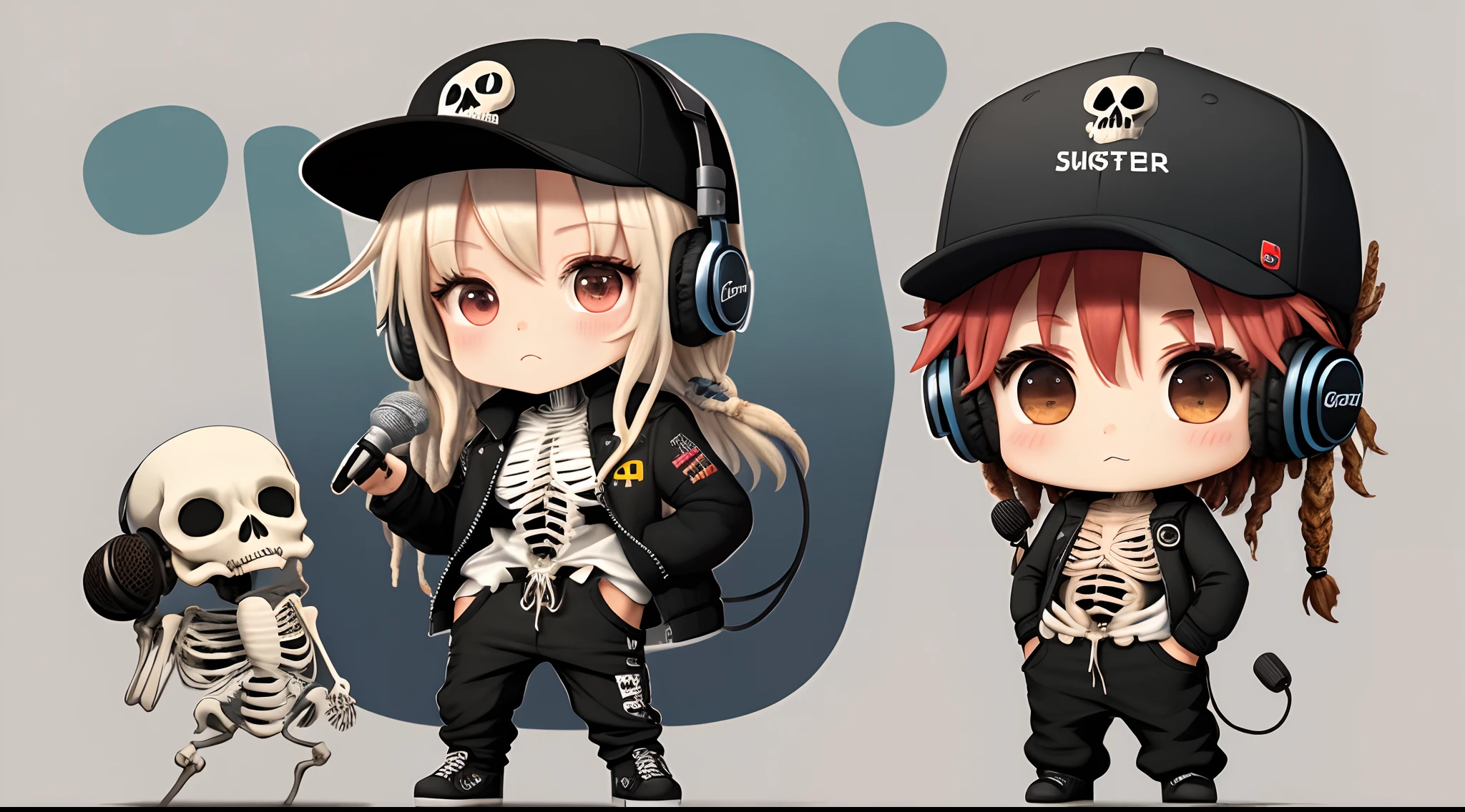 Chibi skeleton with dreadlock hair and headphones and microphone wearing gangster pants