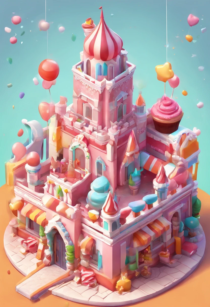 Candy Castle,There are chocolates,Cupcakes,Cookie,Candy as a garnish, Clay material, Cartoon design style, pop mart, Soft lighting, Smooth lines, tilt shift lens, Detailed science fiction illustration, Hyper-realistic details, warm color
