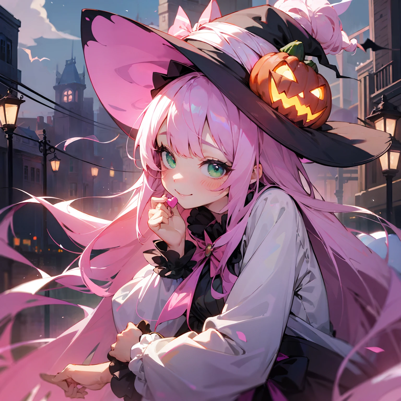女の子1人、a beauty girl、White-pink hair、Green eyes、Halloween、A smile、nightcity、ghost、Dressed as a witch、Boom、candy、Pumpkin Lantern