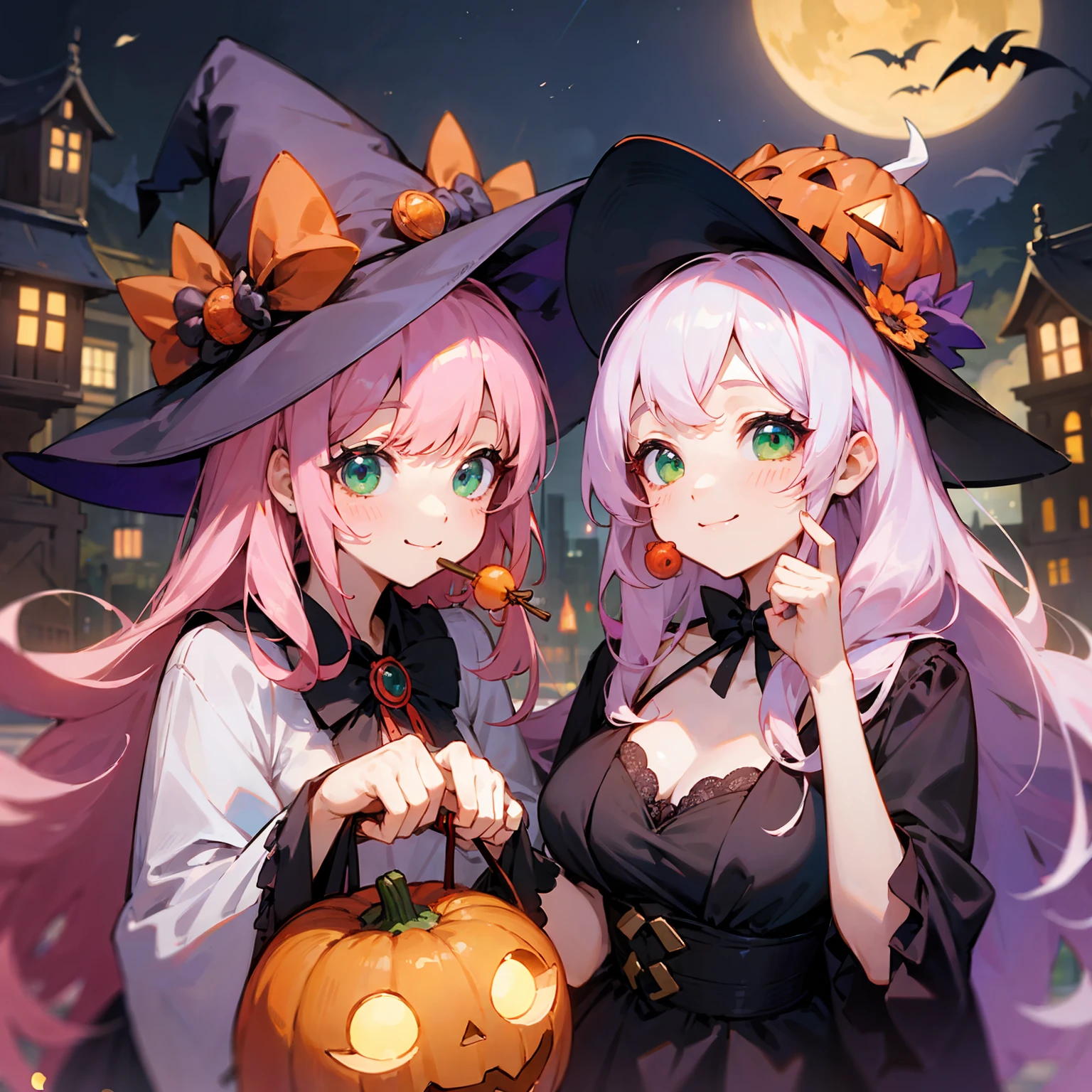 (Sky blue braided medium length hair), (Pink Eyes),Fair skin) ,(whole body),(One Girl),(Crescent Moon),(There are many pumpkin ghosts in the background),(Trick or Treat),Halloween Night Party),(masterpiece, Highest quality, Very detailed, Best Shadow), (Detailed Background), (Beautifully detailed face), High Contrast, (Best lighting, Very delicate and beautiful), ((Cinematic Light)), Hyper Detail,8k, Dramatic Light, Intricate details,witch'Clothes,Magic broom,night,Flying bats in the sky,