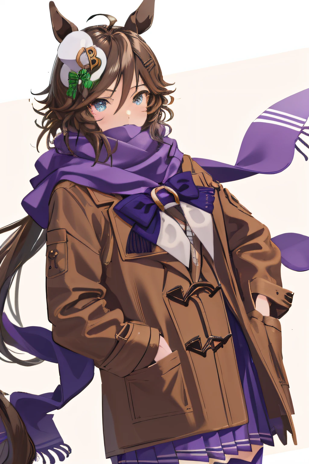 masutepiece, Best Quality, Mrs. C.B. \(Umamusume\), Breathless, scarf, Purple skirt, purple thighhighs, Shirt, Long sleeves, tracen school uniform, Bow, Floating hair, Sailor collar, Open coat, Brown coat, Simple city background、hands in the pocket、