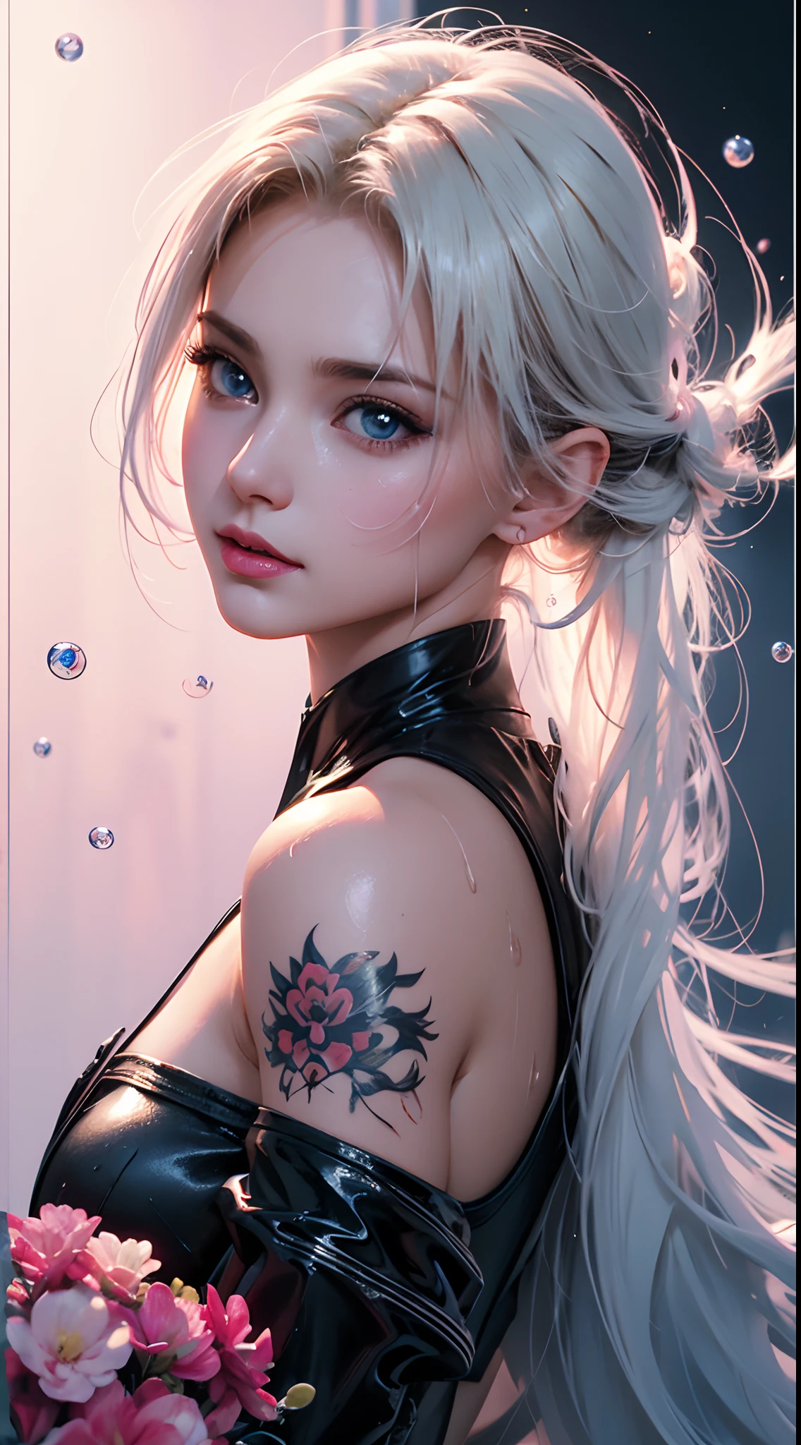 Realistic, full-body portrait of a young, 20-year-old woman with see-through wet marbles. realistic beautiful eyes; cold face, white skin, good looking, small tattoo art does not change body parts. Michael Garmash, Daniel F Gerhartz, Adult style, warm dreamy light, volumetric light, adventure style pulp, liquid acrylic, dynamic gradient, vivid color, illustration, vector curve very detailed, simple, smooth and clean, vector art, smooth, character design, cinematic, surrealism, posters, masterpiece collection, lush vivid colors, royal kiss, wet gouache