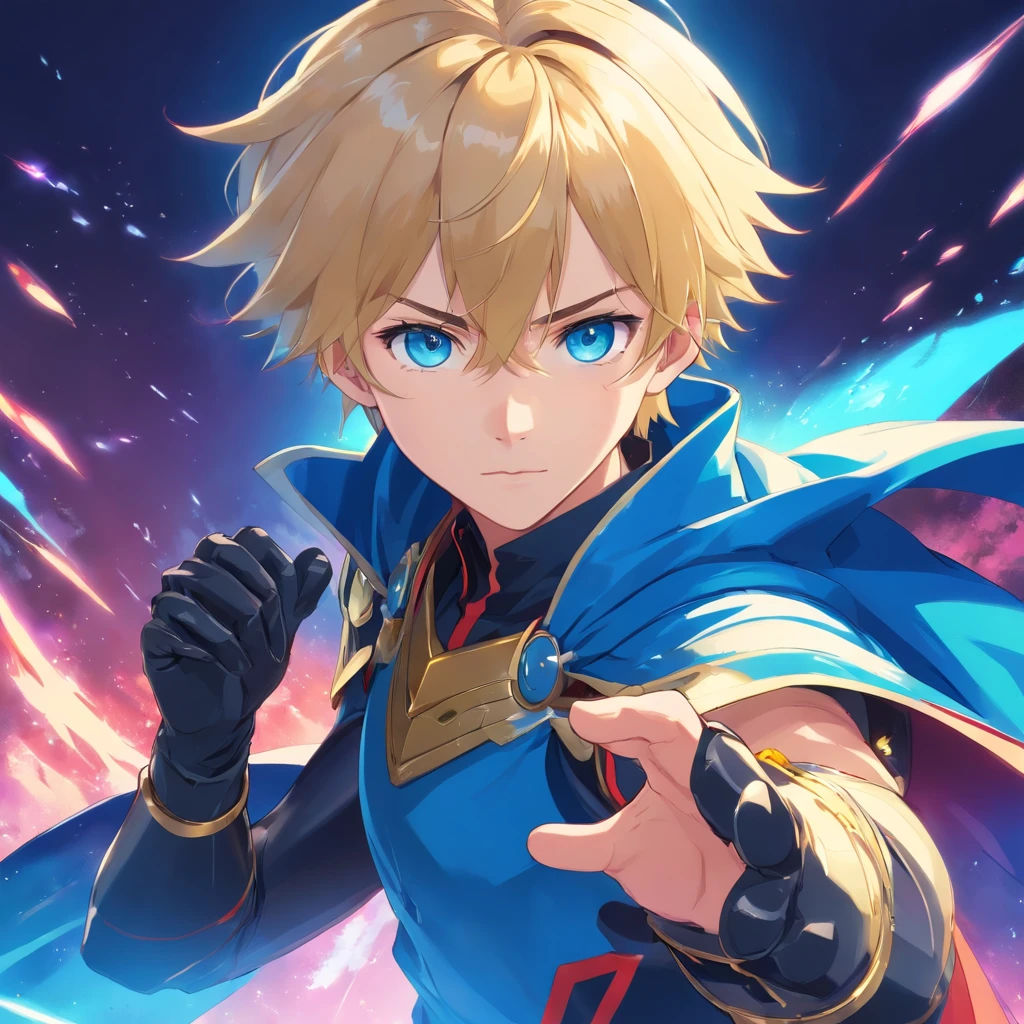 Masterpiece, Best quality, 1人, Adult, Male focus, Solo, Medium blonde hair, Vibrant blue eyes, mitts, view the viewer, Cape, High quality metal texture, Semi-metallic armor, Closed mouth, Black metal gloves, Upper body, bangs, High collar,(kbxll:0.6), fantasy aesthetic, Highly detailed