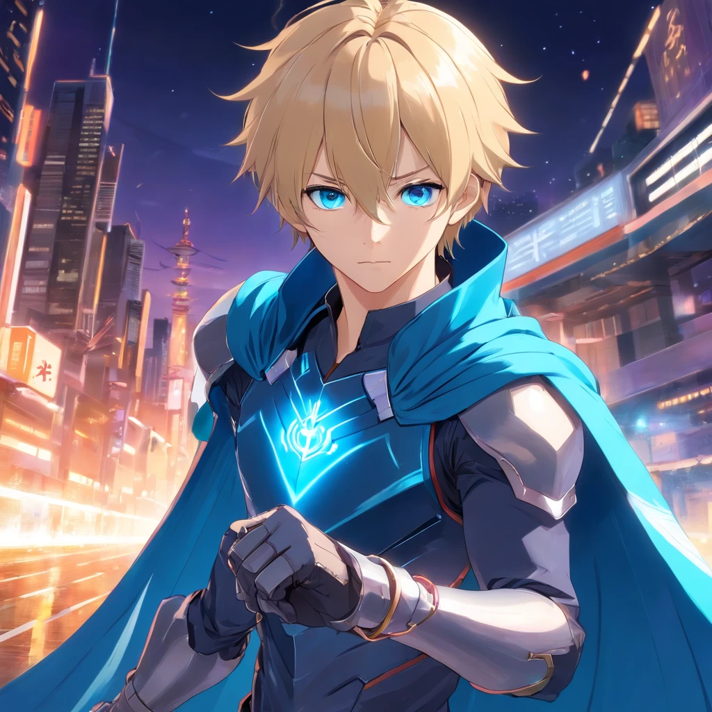 Masterpiece, Best quality, 1人, Adult, Male focus, Solo, Medium blonde hair, Vibrant blue eyes, mitts, view the viewer, Cape, High quality metal texture, Semi-metallic armor, Closed mouth, Black metal gloves, Upper body, bangs, High collar,(kbxll:0.6), fantasy aesthetic, Highly detailed