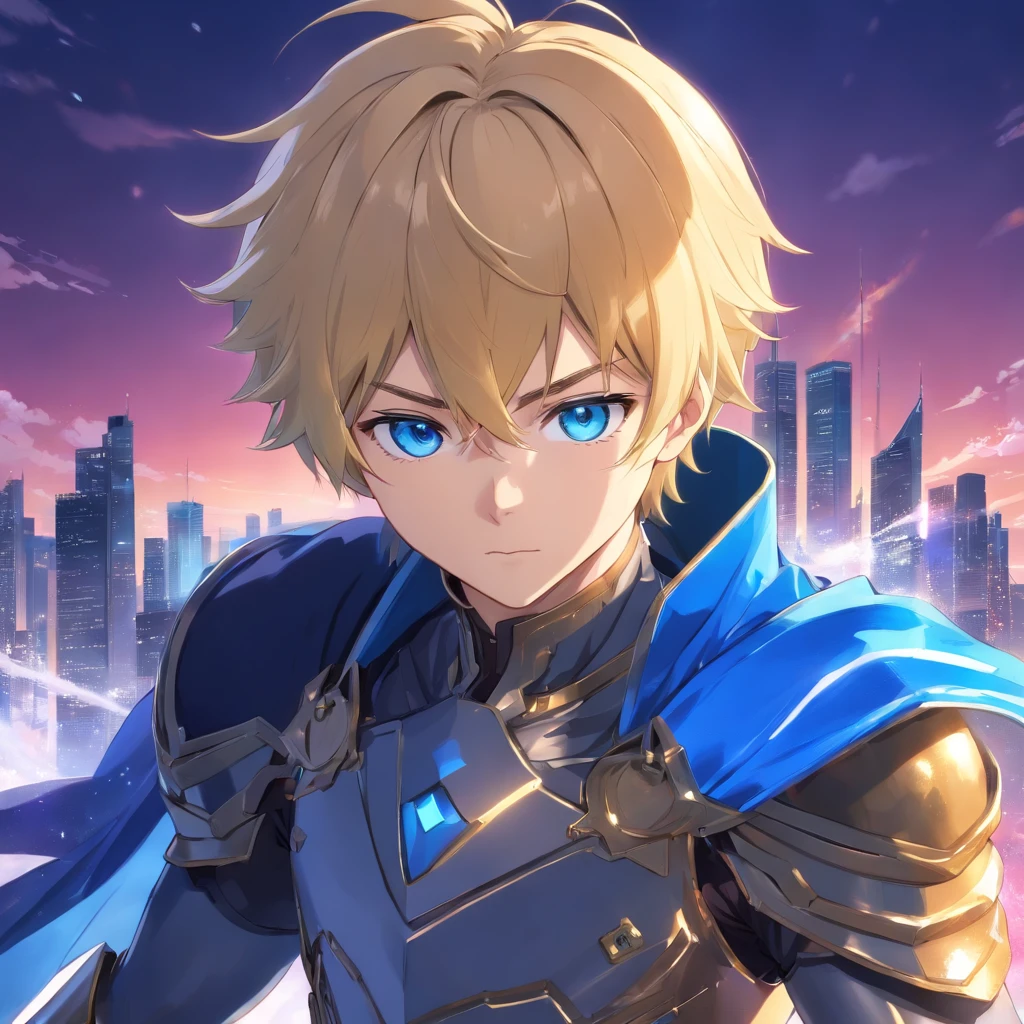 Masterpiece, Best quality, 1人, Adult, Male focus, Solo, Medium blonde hair, Vibrant blue eyes, mitts, view the viewer, Cape, High quality metal texture, Semi-metallic armor, Closed mouth, Black metal gloves, Upper body, bangs, High collar,(kbxll:0.6), fantasy aesthetic, Highly detailed