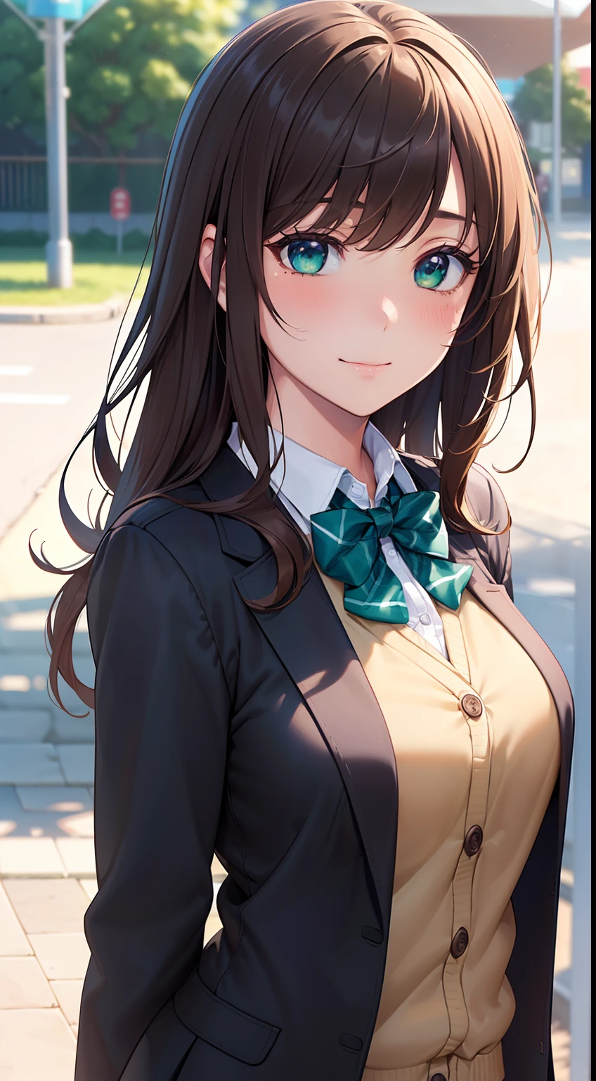 ((Masterpiece, Best quality, A high resolution, hyper HD, Perfect pixels, Depth of field, 4K, RTX, hdr))), 1girll, Single, Solo, Beautiful anime girl, Beautiful Art Style, anime figure, ((Long hair, bangs, Brown hair, Curly hair:0.8)), ((Green eyes:1.4, Rounded eyes, Beautiful eyelashes, Realistic eyes)), ((Detailed face, Blushing:1.2)), ((Smooth texture:0.75, Realistic texture:0.65, Photorealistic:1.1, Anime CG style)), Medium breasts, Dynamic Angle, Perfect body, ((Portrait, angle of view)), ((red bowtie, school uniform, Black jacket, Open jacket, Brown cardigan, White shirt, Black skirt, plaid skirts)), Smile, An amusement park