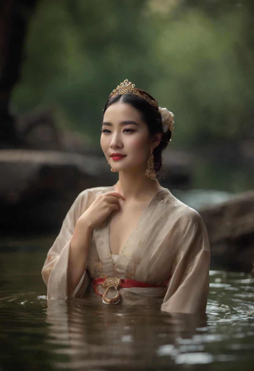 ((4k,Obra maestra,La mejor calidad)), Shuimobysim, Pintura china, loto, Hanfu, Maxiskit, Vestido abierto, SWF 1Chica, solamente, Cabello largo y azul, They are smiling, En pie, Pies en el agua, descalzo,
