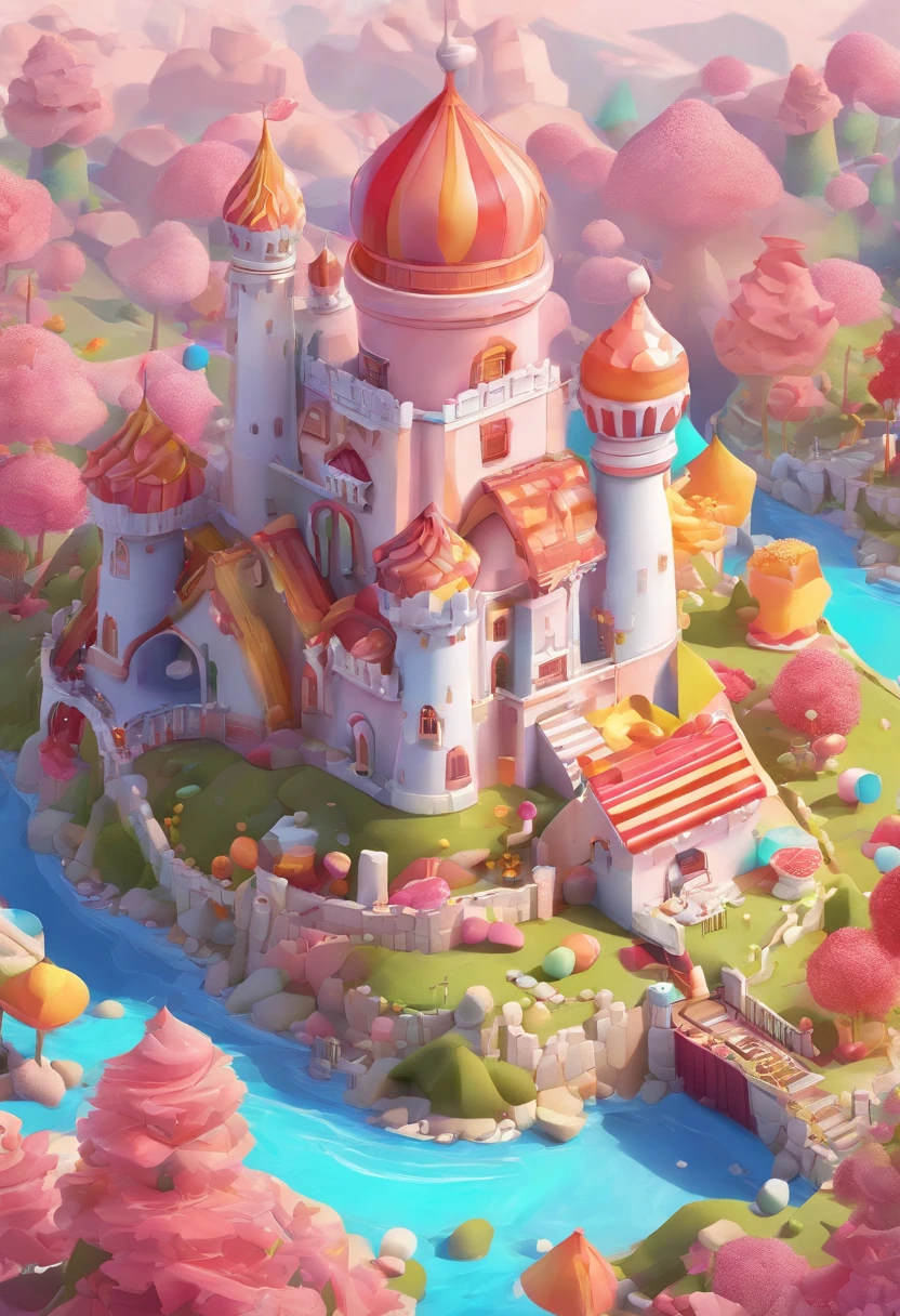 Candy Castle，Small castle，There are chocolates，Cupcakes，Cookie，Candy as a garnish, Clay material, Cartoon design style, pop mart, Soft lighting, Smooth lines, tilt shift lens, Detailed science fiction illustration, Hyper-realistic details, warm color，