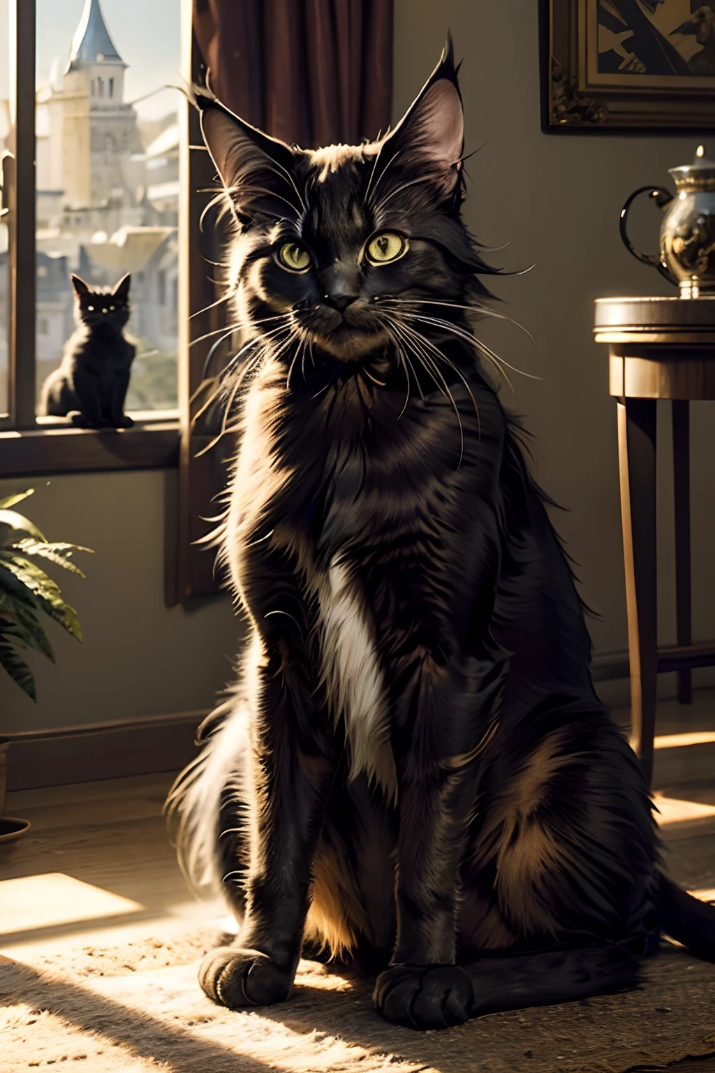 "Generate ultra-high-definition images of chic cats, Classic Cat Pose. Using advanced macro photography techniques、Highlights the intricate details of the cat's coat, mustaches, And expressive eyes. Place the camera at the cat's eye level, Create an intimate connection between the viewer and the cat subject. Implement a wide aperture for a shallow depth of field, Make the cat stand out clearly against a gently blurred background. Improve lighting to emphasize the texture and contours of the cat's body, Using the software, Remove coarse shadows、, cosy atmosphere. Catch a cat in a relaxed position, But balanced, Show your flexibility and elegance. Try to capture the moment in natural movement, Stretching, grooming, etc., To convey a sense of authenticity. Implement post-processing techniques to improve image clarity, contrast, and color balance, Secure all aspects, From the intricate patterns of cats to their intense gazes, Rendered in stunning detail. Finally, convey the gentle beauty and innate grace of the cat,, Capture fleeting moments celebrating the unique essence of a cat's curiosity and balance." ((Maine coon)), ((Background: castle)), ((golden hour light)), ((majestic)), ((black cat)), ((old cat))