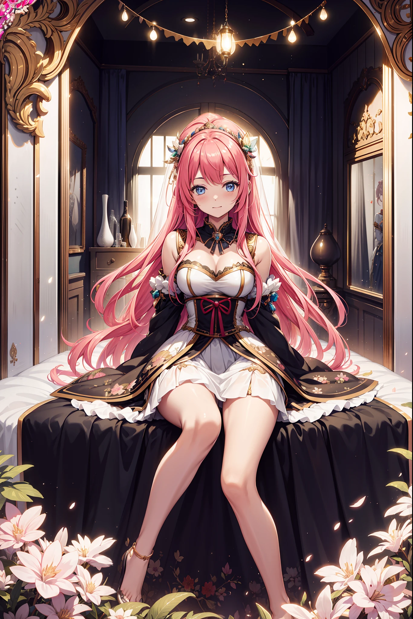 a woman in a pink dress sitting on a bed with a chair, anime goddess, golden brown eyes ((a beautiful fantasy empress)), guweiz, 8k high quality detailed art, lovely languid princess, a beautiful fantasy empress, artwork in the style of guweiz, guweiz on pixiv artstation, guweiz on artstation pixiv