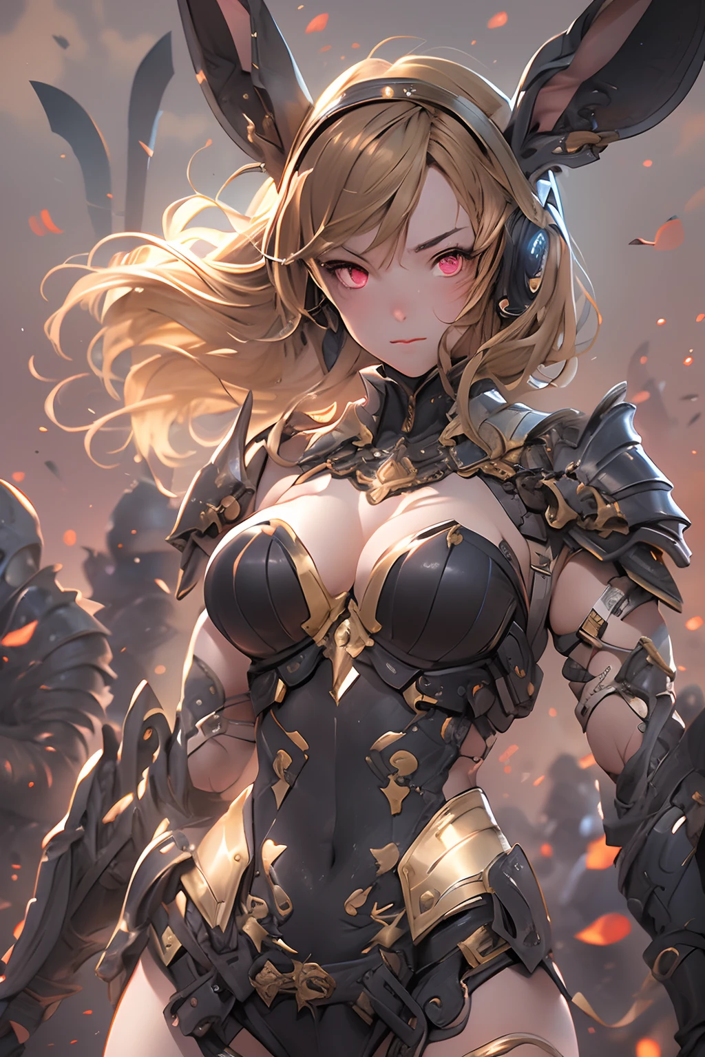 (masterpiece), (best quality), 1girl, detailed hair, cyborg girl with bunny ears end bare chest, female warrior battle field, stand, (golden glowing eyes), cyborg armor, golden armor, black and golden, cinematic light