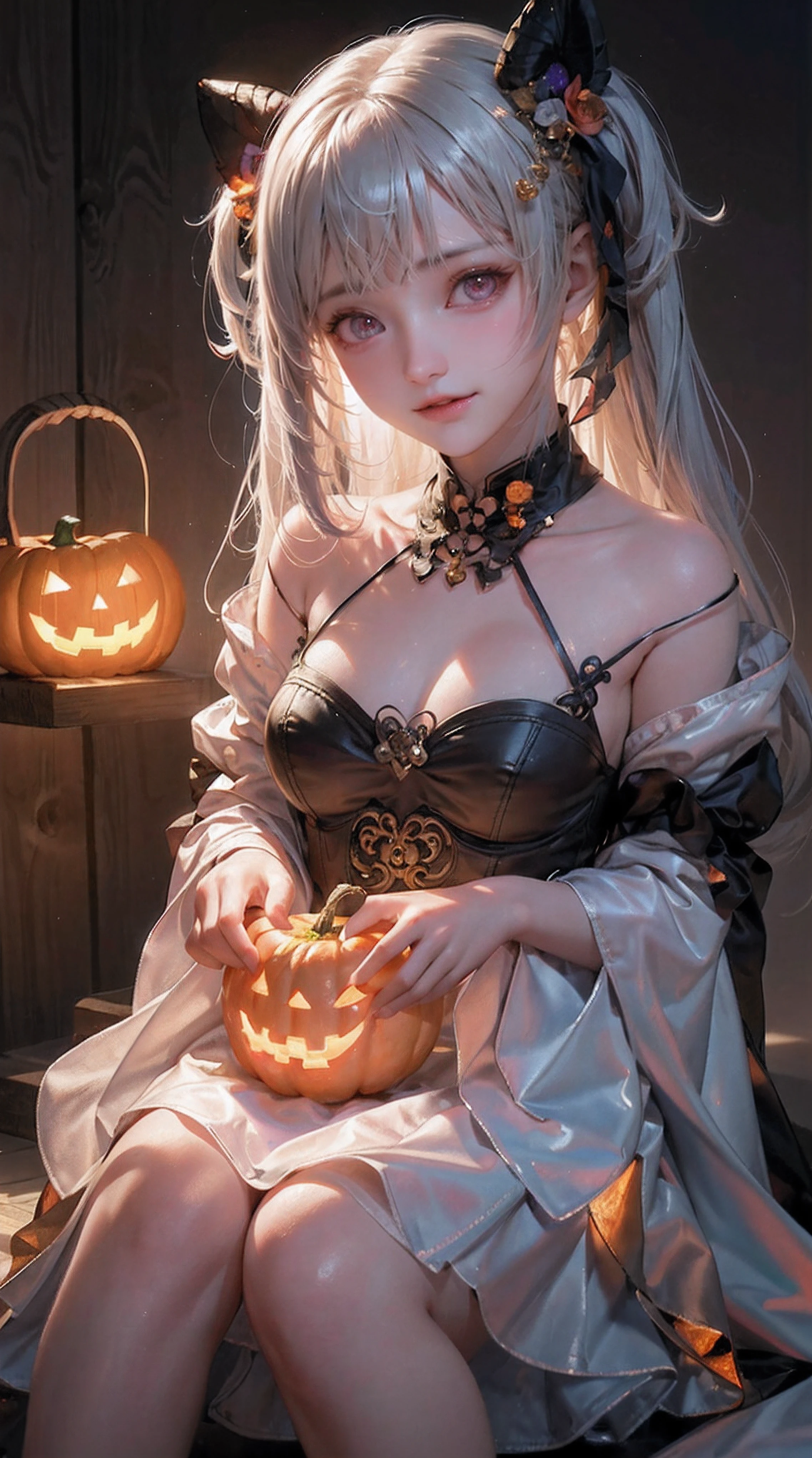 masterpiece,top-quality,top-quality,Beautifully Aesthetic:1.2,Cute glowing jack lantern head girl,can't see the girl's face,halloween night,colourful,high detailed,