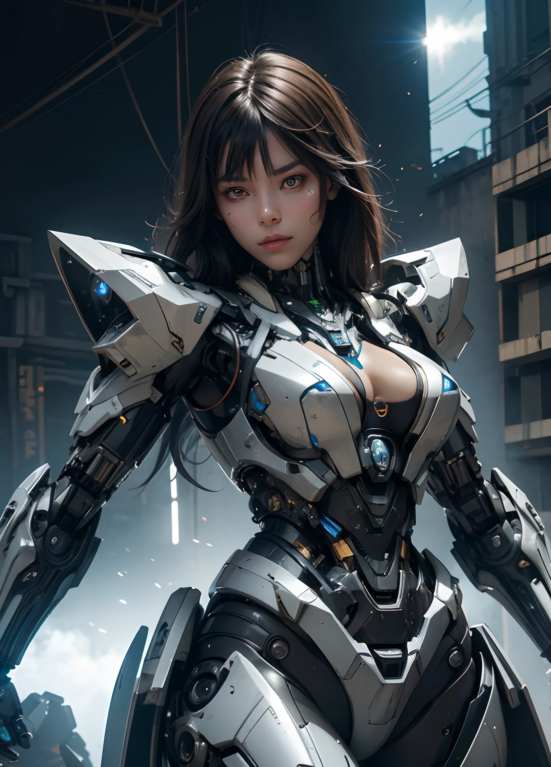 Textured skin, Super Detail, high details, High quality, Best Quality, hight resolution, 1080p, hard disk, Beautiful,(cyborgs),beautiful cyborg woman,Mecha Cyborg Girl,Battle Mode,Girl with a Mecha Body,She wears a battle cyborg mech with a weapon,Fulll body Shot