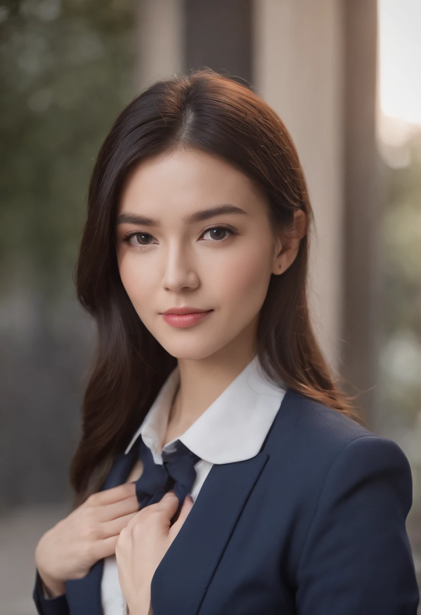 Professional image of a 25-year-old professional woman, Wear a navy blue business casual suit and hip-wrapping skirt, Professional profile photo, posing with crossed arms, professional picture, professional profile picture, photograph of a woman, Business woman, lecturer, Black hair, Slim body, 8K high-definition