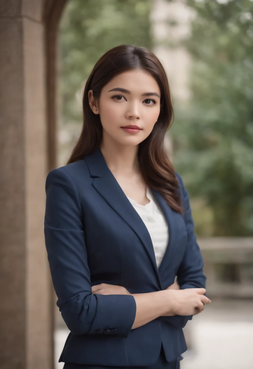 Professional image of a 25-year-old professional woman, Wear a navy blue business casual suit and hip-wrapping skirt, Professional profile photo, posing with crossed arms, professional picture, professional profile picture, photograph of a woman, Business woman, lecturer, Black hair, Slim body, 8K high-definition