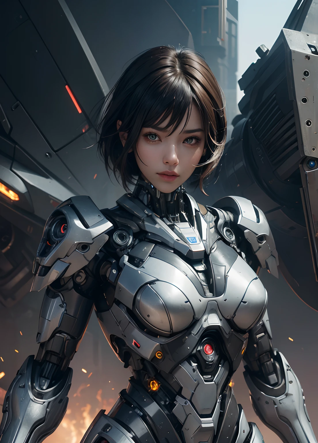Textured skin, Super Detail, high details, High quality, Best Quality, hight resolution, 1080p, hard disk, Beautiful,(cyborgs),beautiful cyborg woman,Mecha Cyborg Girl,Battle Mode,Girl with a Mecha Body,She wears a battle cyborg mech with a weapon,Fulll body Shot
