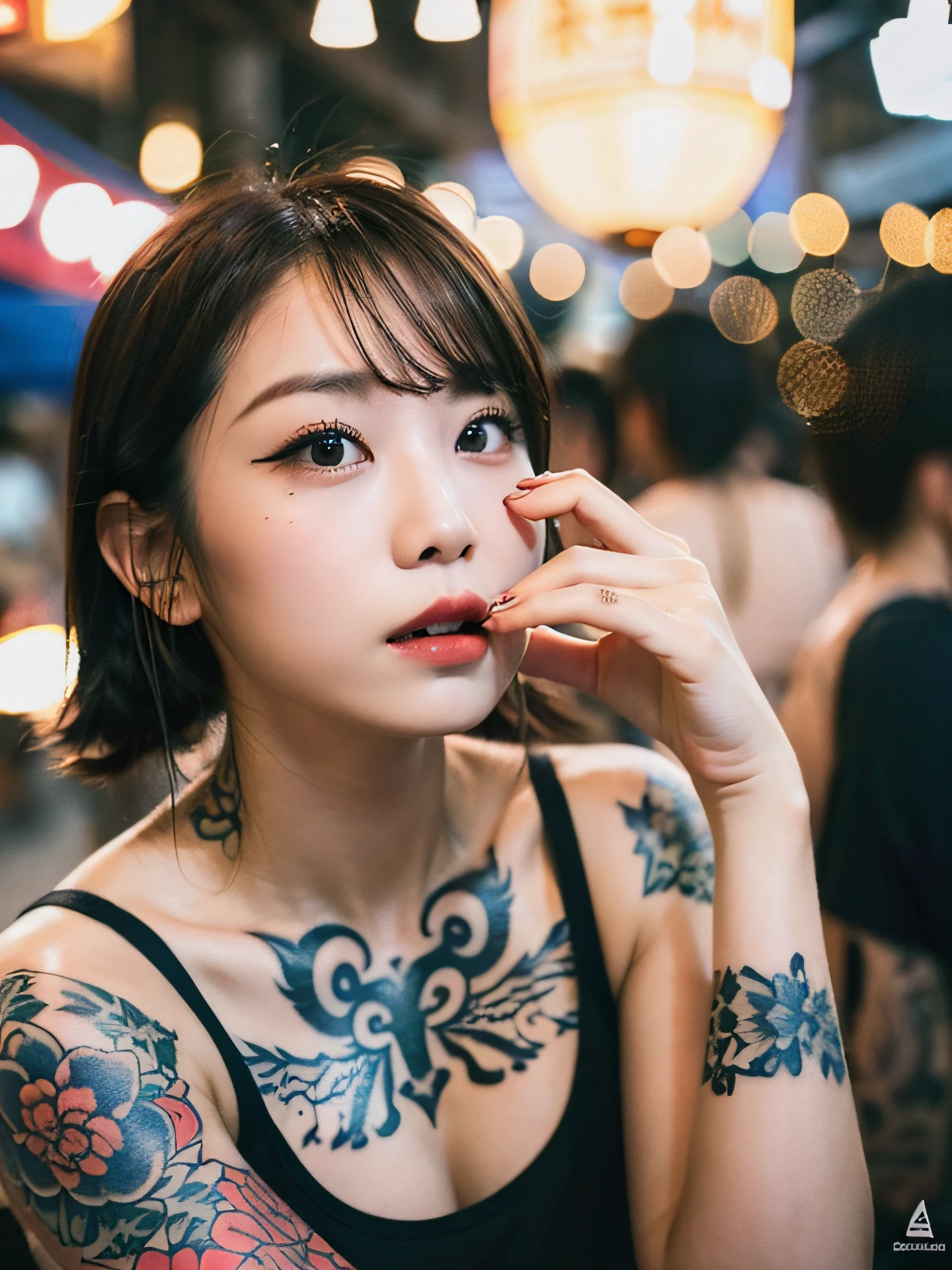 Top quality, one beautiful woman, hands on mouth, tank top, medium breast, many tattoos, upper body, 35mm lens, f/1, night market, Taiwan