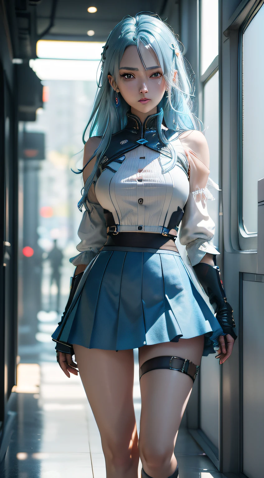 ((top-quality)), ((masterpiece)), (detaileds:1.4), 。.。.3D, Beautiful Cyberpunk Woman Image,nffsw(HighDynamicRange),Ray traching,NVIDIA RTX,Hyper-Resolution,Unreal 5,Sub-surface scattering,PBR Texturing,Postprocess,Anisotropy Filtering,depth of fields,Maximum clarity and sharpness,multi-layer texture,Albedo and specular maps,Surface Shading,Accurate simulation of light-material interactions,perfectly proportions,Octane Rendering,Two-tone lighting,Wide aperture,Low ISO、White Balance、thirds rule、8K Raw、Blue hair、Blue eyes、a short skirt、White underwear、