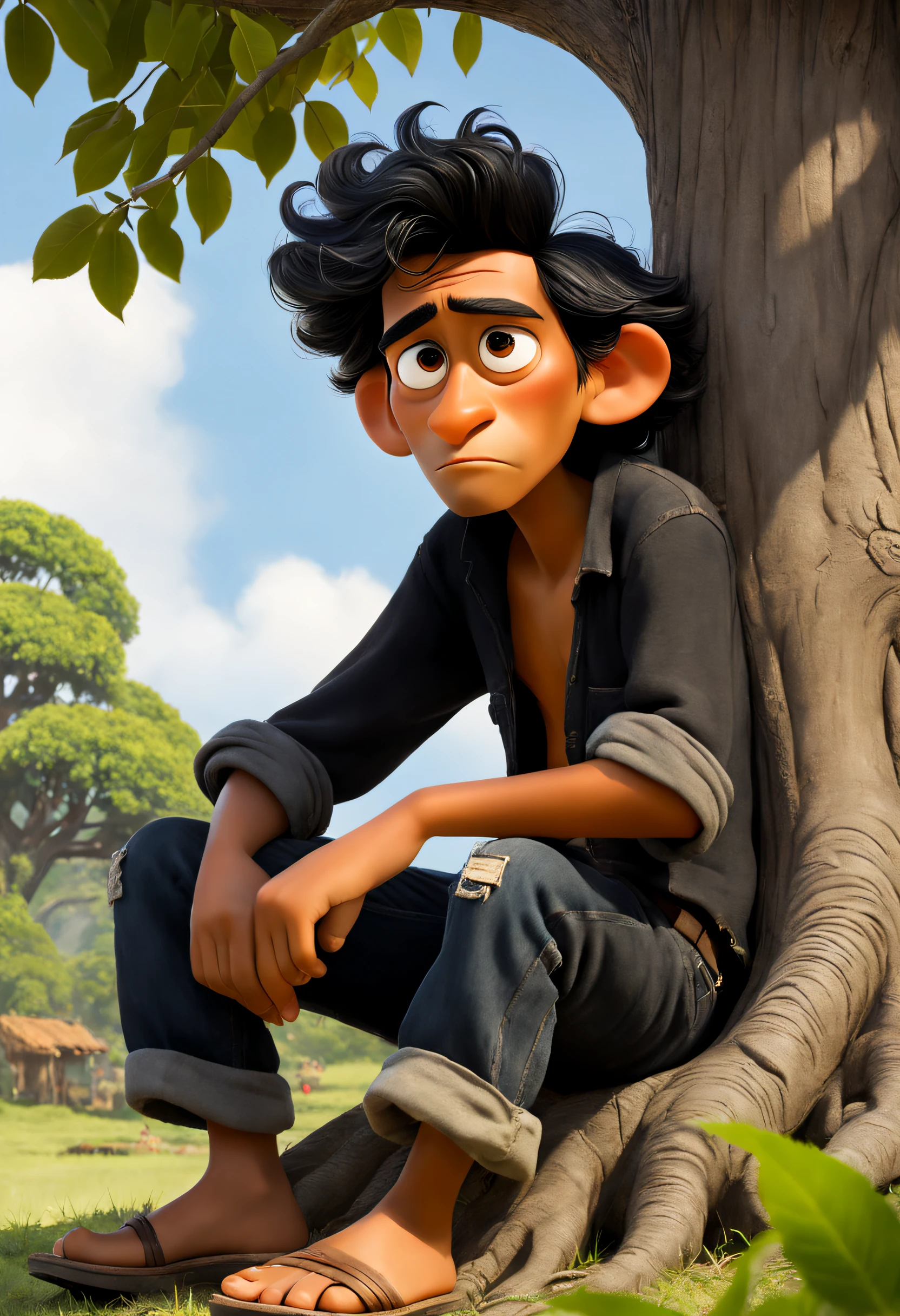 (Estilo Disney Pixar:1.1), tiro de corpo inteiro, A painting of a lazy villager, Narayana Prabakala, Olhando para cima, CABELOS BRANCOS DESGRENHADOS, Messy Whitebeard, Contra o pano de fundo de uma serra, (sitting under a tree:1.15), Wearing a ripped dark swet and tattered black jeans, Botas de trabalho pretas empoeiradas, on the summer afternoon
