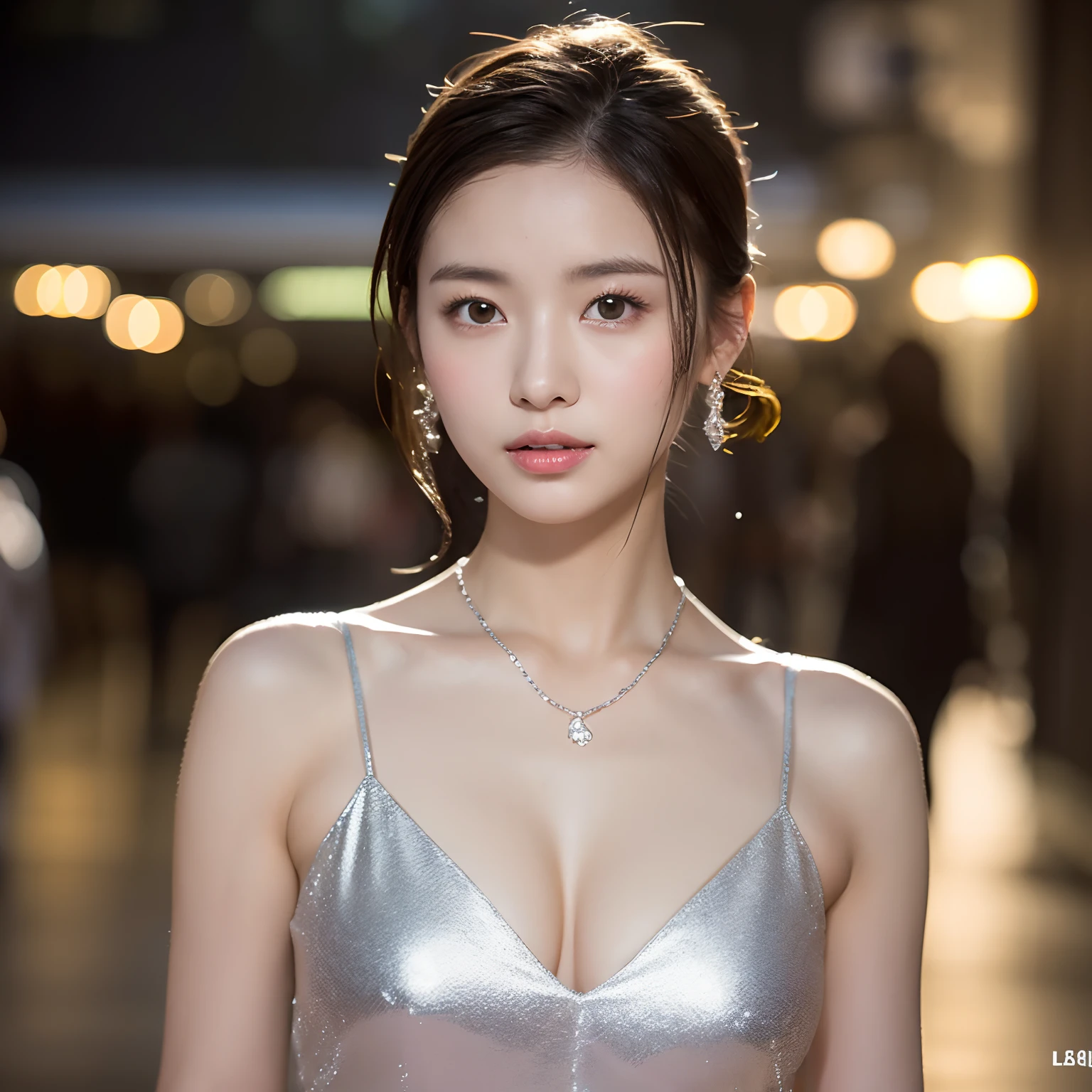 Random posture, (An extremely delicate and beautiful work), (masterpiece), 1girls, Girl in silver dress, Very detailed, Leaky waist, Ponytail distortion, attractive appearance;, beautiful clear eyes, green eye pupil, delicate necklace, delicate earrings, Angel Ears, simple blurred background, Very detailed explanation, Beautiful, charming, ultra-fine painting, delicate face, delicate figure, Thin collarbone, beautiful lips, Beautiful breasts, soft behind, mix4, (10, RAW photo, bestquality, masterpiece: 1.2), (Realistic, photorealistic portrait: 1.37), 1 girl, kawaii, city scape, nighttime, It's raining, wet, Professional lighting, photons mapping, radiosity, Physically Based Rendering, (Pretty little hard 1.1), (Saw the head of the nipples in the dress.: 1.4), White skin