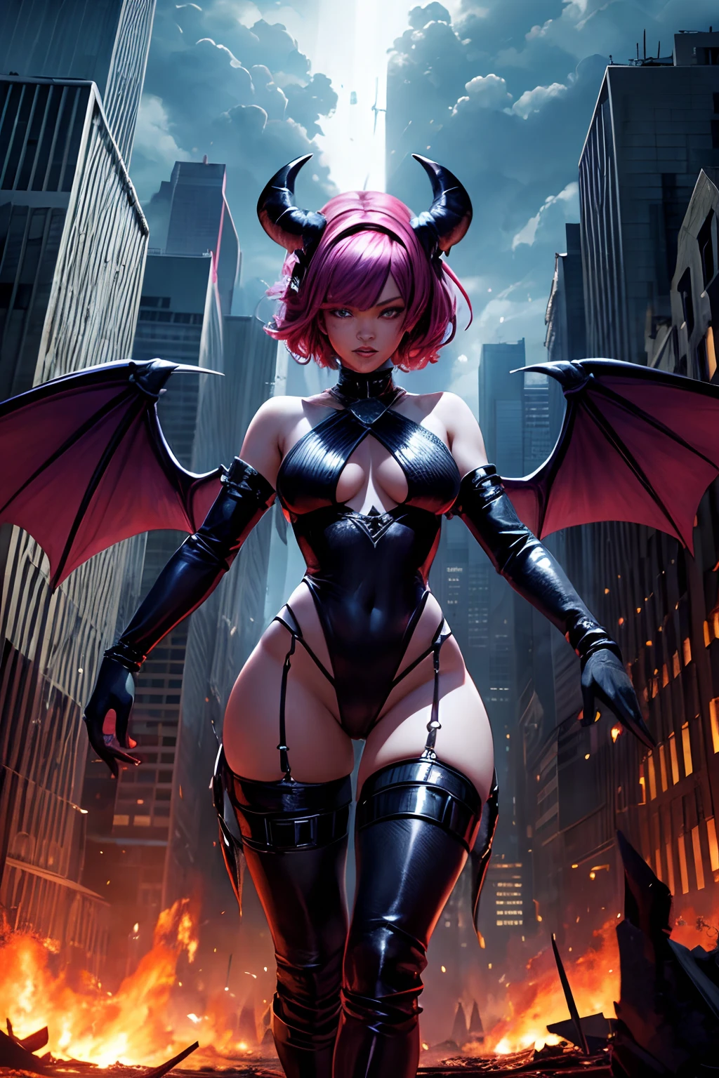 Rihanna hyper-giant, Hyper-powerful demon with two demon horns on his head and demon wings, Purple lightning fire on a building and shatters buildings , ville en ruine post apocalyptique,