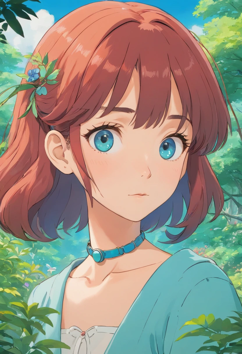 A girlis, wearing an anime collar, eine lange Halskette und Ohrringe, im Stil beschaulicher Gartenlandschaften, Bunte Animationsfotos, Masami Teraoka, Aquamarin, Paul Gauguin, Embry-Stil, Ehrliche Darstellung