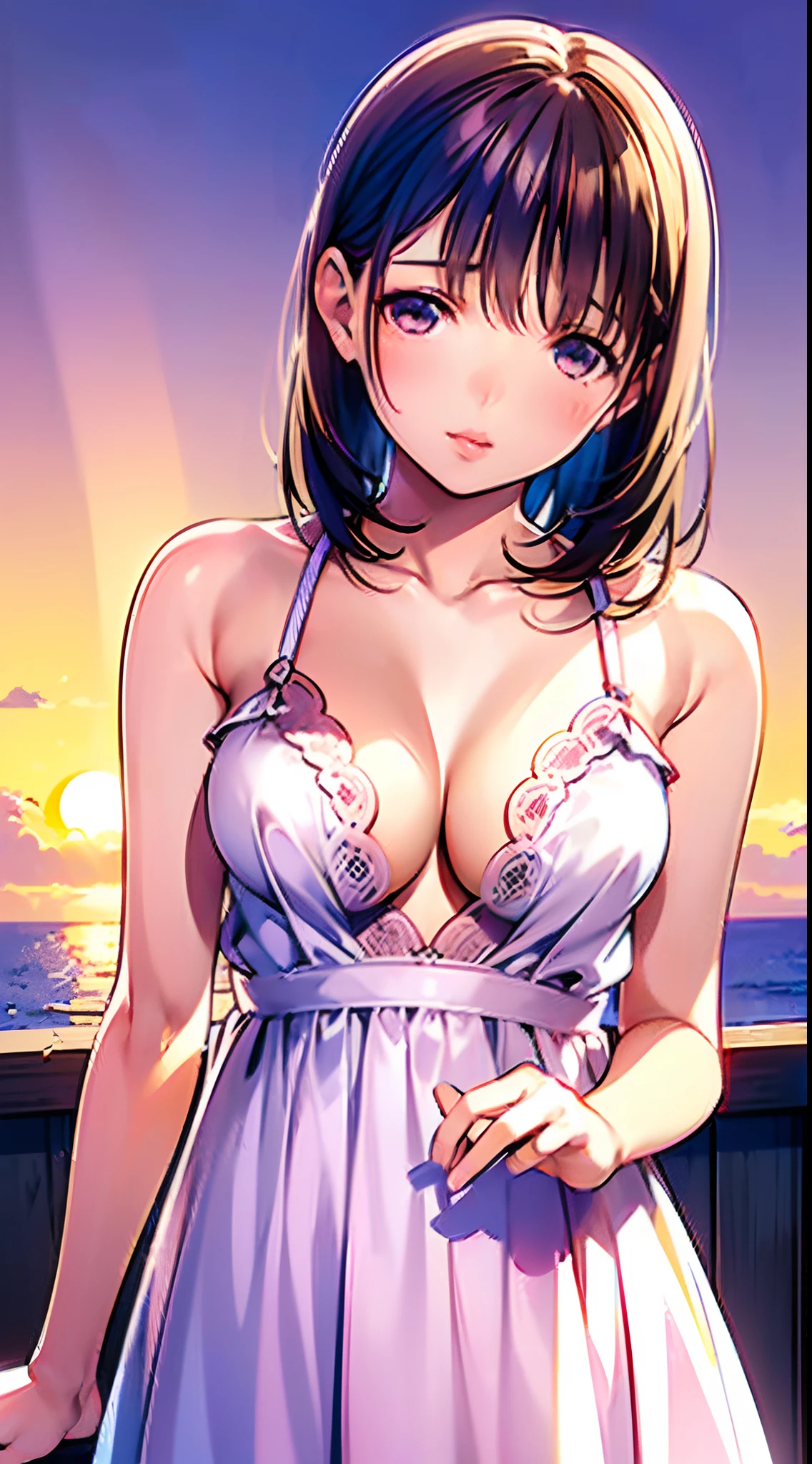 (masutepiece), (((pantypull, Undressing, frombelow) )), Leaning forward, 1girl in, Beautiful face, Brown hair in the middle , (Lips of desire:1.4) Photo taken by SLDR, Happy, high detailed face, Soft light, , Summer dress), Soft skin, (Sunset, the golden hour)