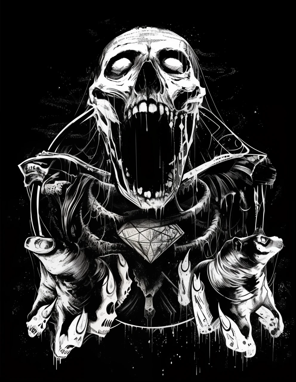 um desenho preto e branco de um esqueleto segurando uma corda, arte escura altamente detalhada, Marcos Riddick, arte de terror elegante, Arte digital escura, mas detalhada, skull design for a rock band, just art for dark metal music, design de tshirt de metal pesado, arte macabra, arte macabra de stanat cavado, horror!! altamente detalhado, arte de terror 4k detalhada, horror illustration