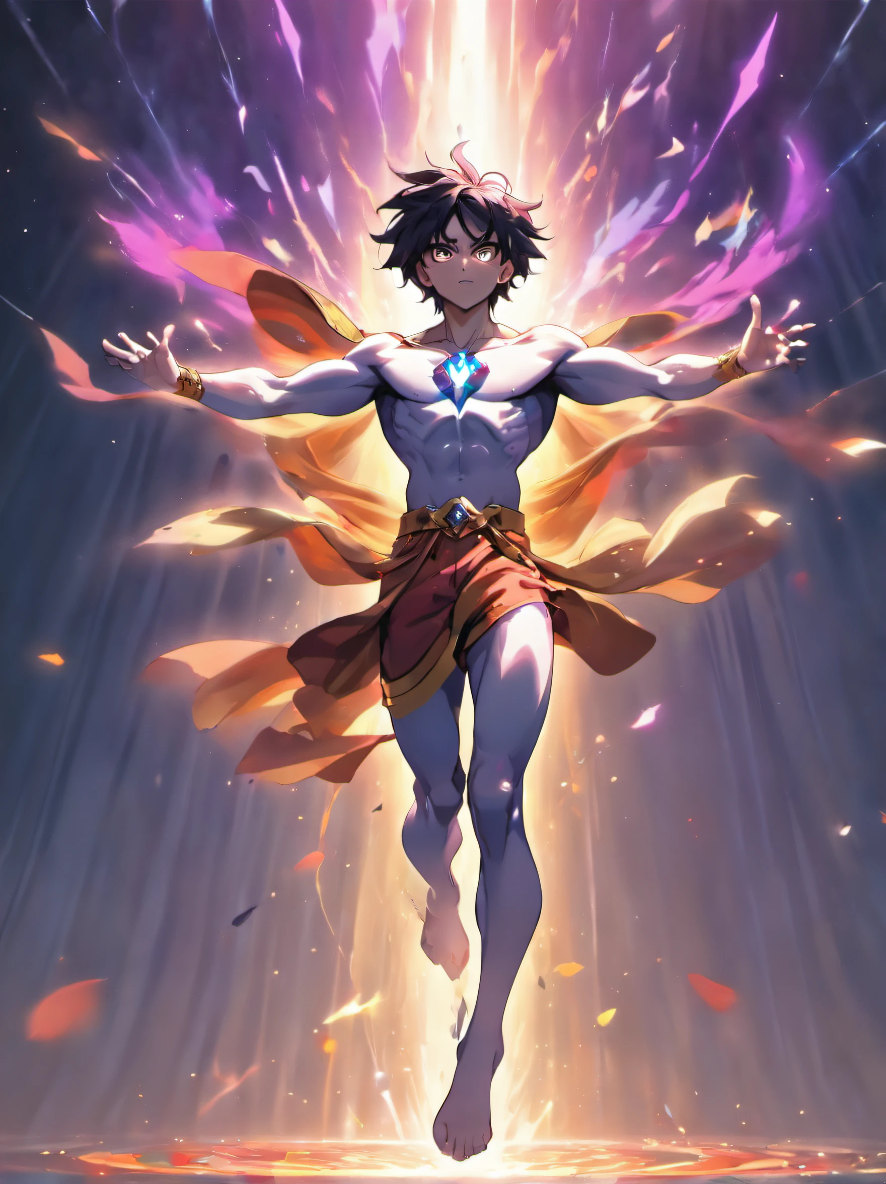 (best quality,4k,8k,highres,masterpiece:1.2),ultra-detailed,(realistic,photorealistic,photo-realistic:1.37),strong, confident, handsome muscular man levitating in epic pose,full body, intense gaze, ripped abs, muscular arms, chiseled features, striking jawline, piercing eyes, flowing hair, powerful physique, radiant energy, effortless levitation, fluid movement, majestic and awe-inspiring presence, divine aura, surreal and otherworldly backdrop, dramatic lighting, ethereal glow, vibrant colors, dynamic composition, cinematic and heroic atmosphere, sense of strength and power, mythical or superhero-inspired theme, atmospheric perspective, monumental scale, stellar performance, iconic and iconic pose