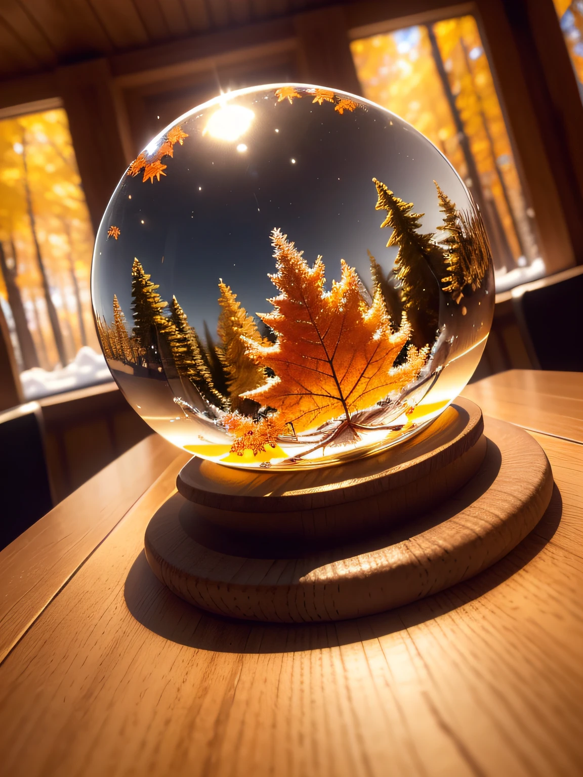 Ultra-realistic, 16K high resolution, (Max Sharp Focus: 1.3), (Max Close-up: 0.5), (Maple trapped in a crystal perfect ball with pedestal on table: 1.7), (Birch grove, backlit, snow, autumn leaves: 1.3)