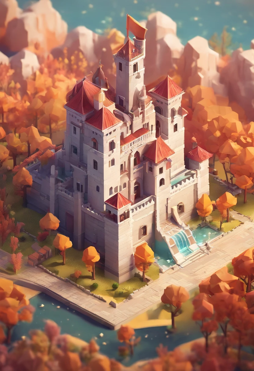 Small castle, Cartoon design style, pop mart, Soft lighting, Smooth lines, tilt shift lens, Detailed science fiction illustration, Hyper-realistic details, warm color，