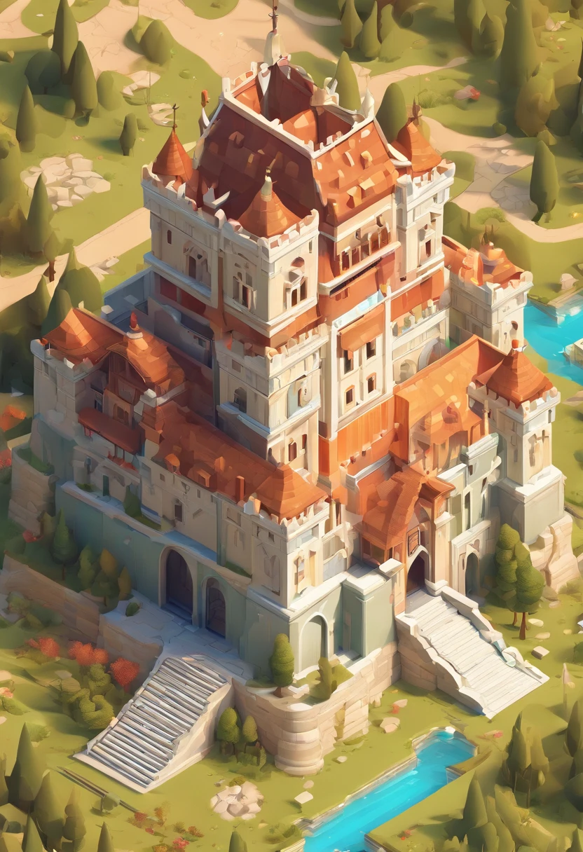 Small castle, Cartoon design style, pop mart, Soft lighting, Smooth lines, tilt shift lens, Detailed science fiction illustration, Hyper-realistic details, warm color，