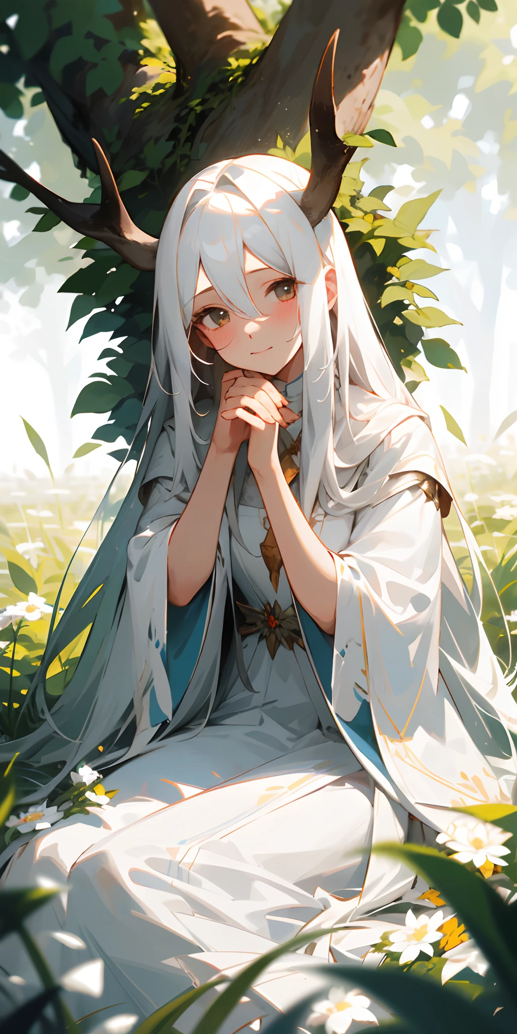 (tmasterpiece,best qualtiy),1 girl with long white hair sitting in a field of greenery and flowers,There was an elk on her side, her hand under her chin,warmly lit,white dresses,Blurred foreground,heal,Tyndall