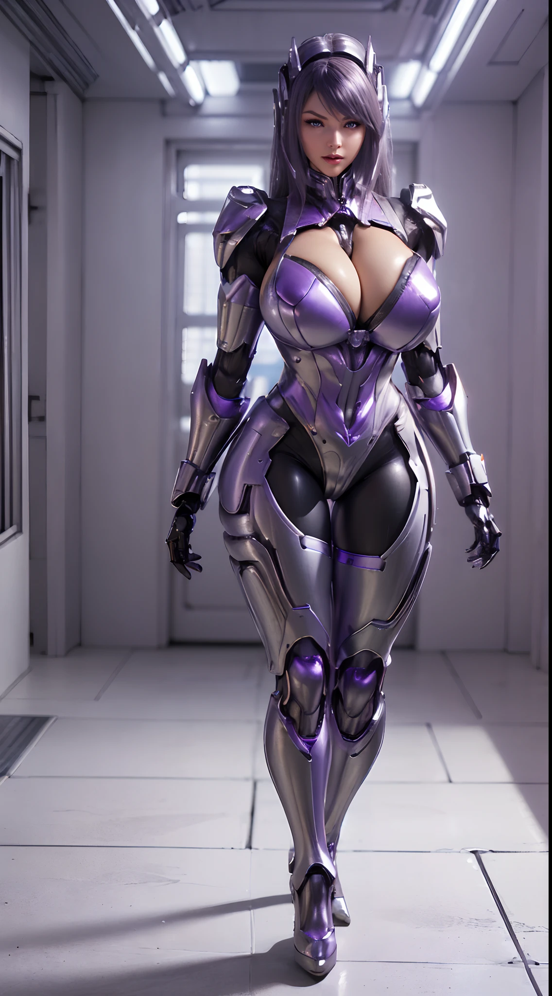 (1GIRL, ALONE), (super detailed face), (white hair: 0.8), (BIG BUTTOCKS, MUSCLE ABS, CLEAVAGE, HUGE FAKE BREASTS:1.5), (SILVER MECHA GUARD ARMS, GLOVE PERFECT FINGERS:1.5), (PURPLE SHINY MECHA CYBER ARMORED, SKINTIGHT BLACK MECHA SUIT PANTS, MECHA GUARD LEGS, HIGH HEELS:1.7), (THICC MUSCULAR FEMALE BODY, CLEAN SKIN, LONG LEGS, FULL BODY:1.1), (LOOKING AT VIEWER:1.3), (female focus:0.886), (WALKING DOWN HALLWAY OF FUTURISTIC SPACE STATION:1), (BRIGHT LIGHT WHITE_ROOM:1.3), SUPER TEXTURE, (UNREAL ENGINE RENDER), PHYSICALLY-BASED RENDERING, ULTRA HIGHT DEFINITION, 16K, 1080P.