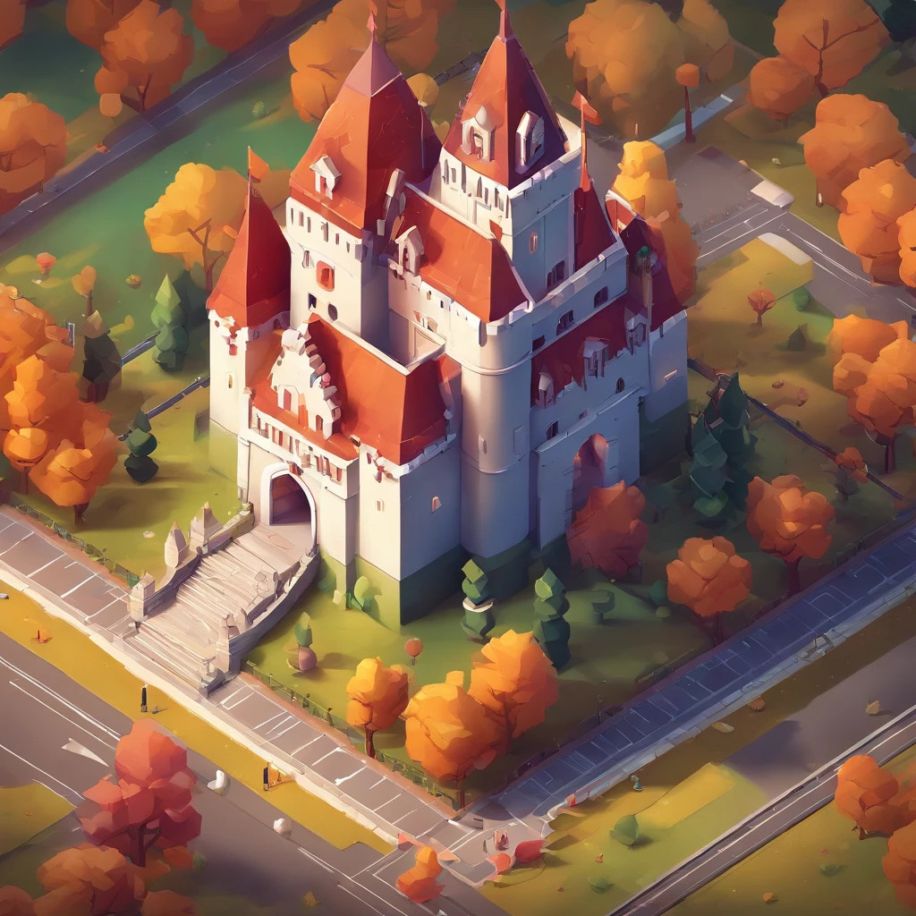 Small castle, Cartoon design style, pop mart, Soft lighting, Smooth lines, tilt shift lens, Detailed science fiction illustration, Hyper-realistic details, warm color,
