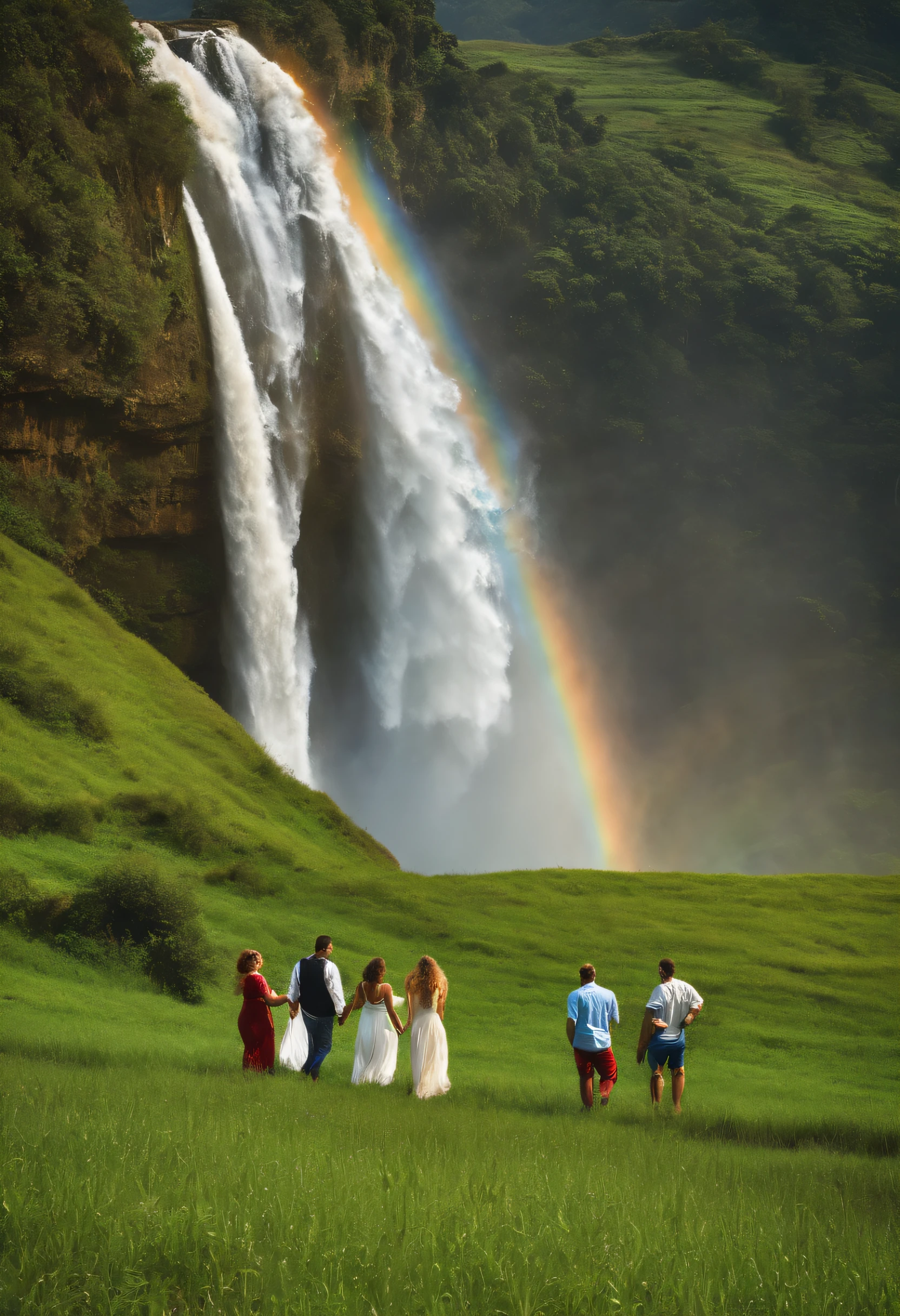 Cachoeira grande, blue skies, Three people in white, Green field and rainbow