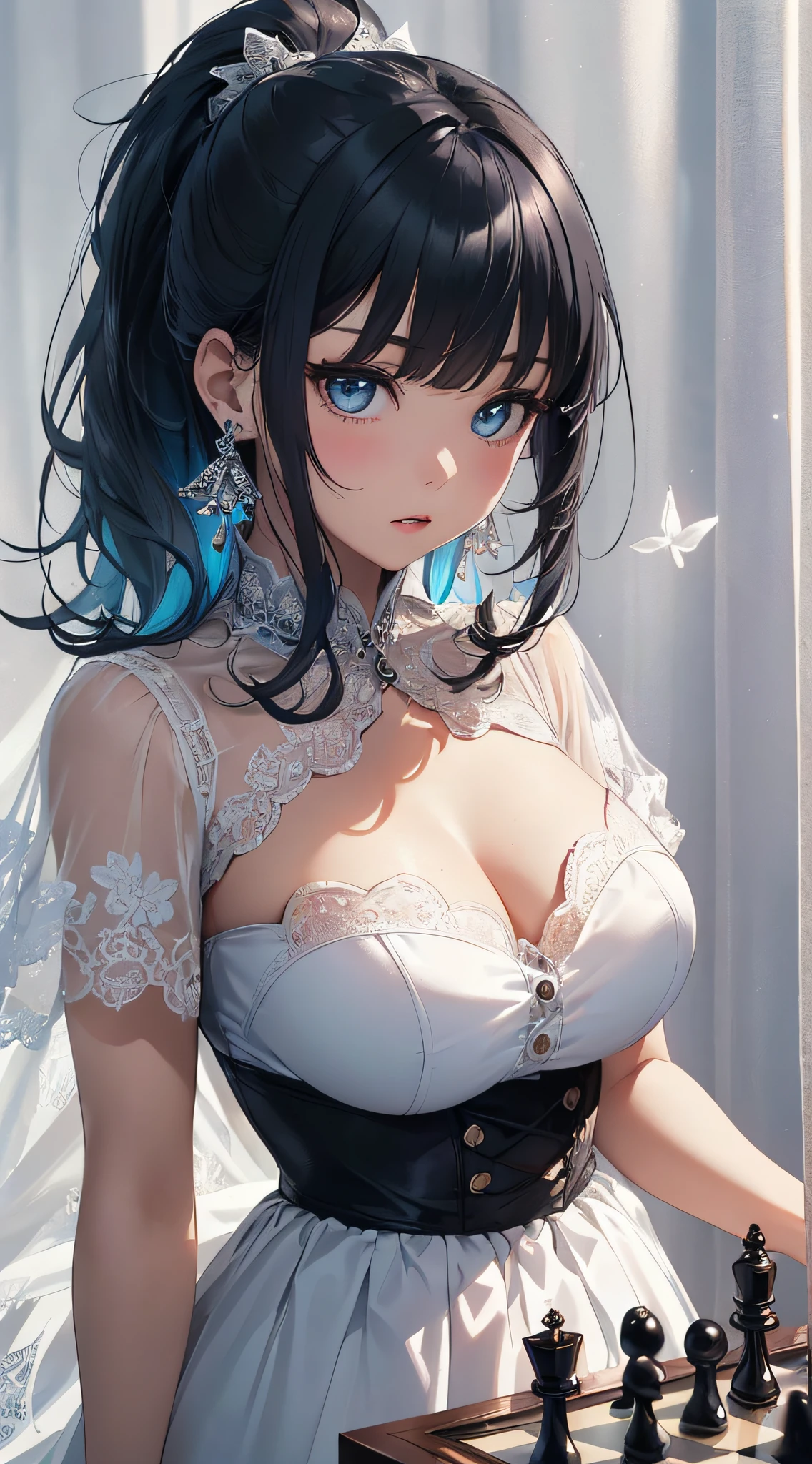 top-quality、Top image quality、​masterpiece、girl with((cute little、18year old、Best Bust、Medium bust、Bust 85,Beautiful blue eyes、Breasts wide open,Ponytail with black hair、A slender、Blue hair mesh、Beautiful white dress、White short skirt、Playing chess)）hiquality、Beautiful Art、Background with((Large White Room、White lighting,White curtains are fluttering)),masutepiece、Elaborate design、visualart、depth of fields、The best lighting、highestdetailed、8ｋ