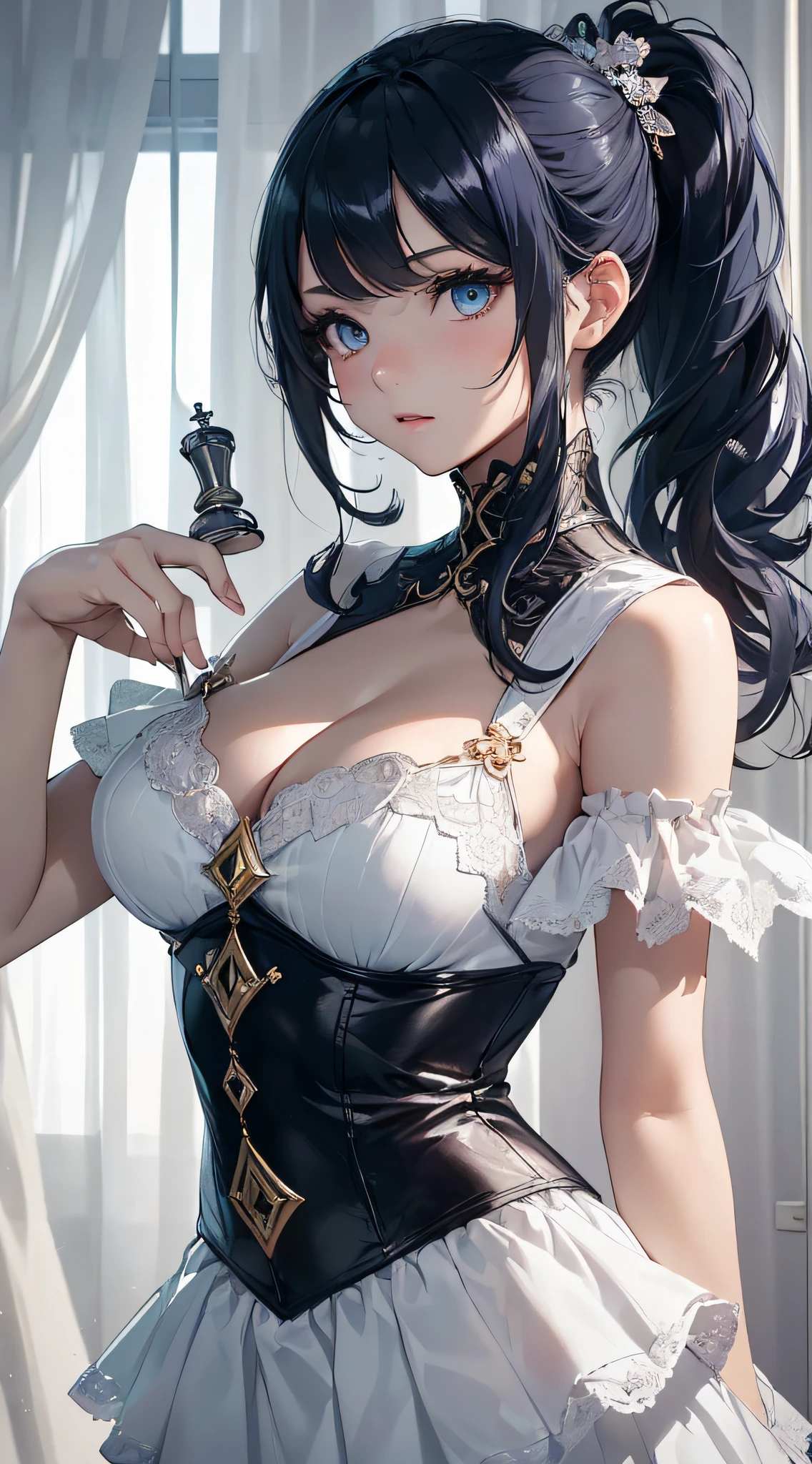 top-quality、Top image quality、​masterpiece、girl with((cute little、18year old、Best Bust、Medium bust、Bust 85,Beautiful blue eyes、Breasts wide open,Ponytail with black hair、A slender、Blue hair mesh、Beautiful white dress、White short skirt、Playing chess)）hiquality、Beautiful Art、Background with((Large White Room、White lighting,White curtains are fluttering)),masutepiece、Elaborate design、visualart、depth of fields、The best lighting、highestdetailed、8ｋ