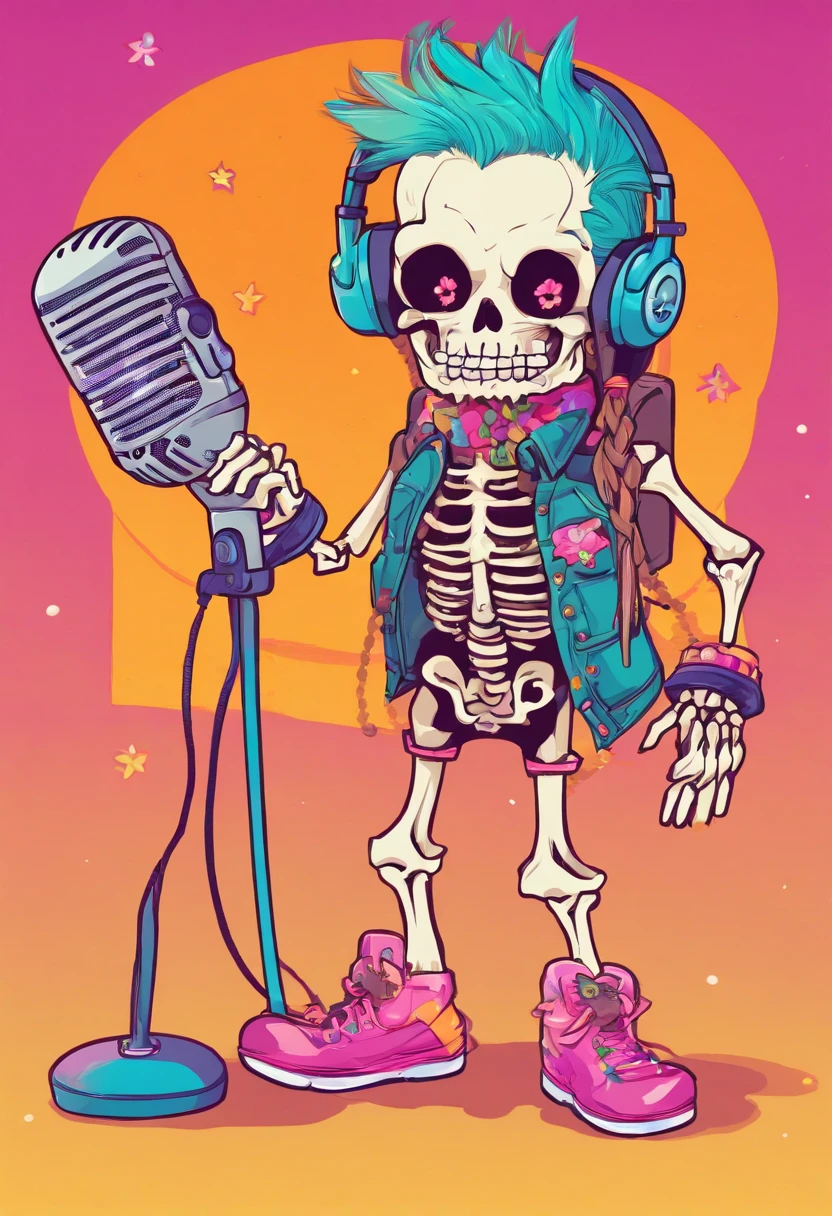 Cute skeleton character playing DJ in screen print style. The skeleton should be in black, white, and blue neon colors spread in a decorative pattern on the outside of the image. The skeleton should float in space surrounded by thick black and white notes, curling and crashing around the skeleton.