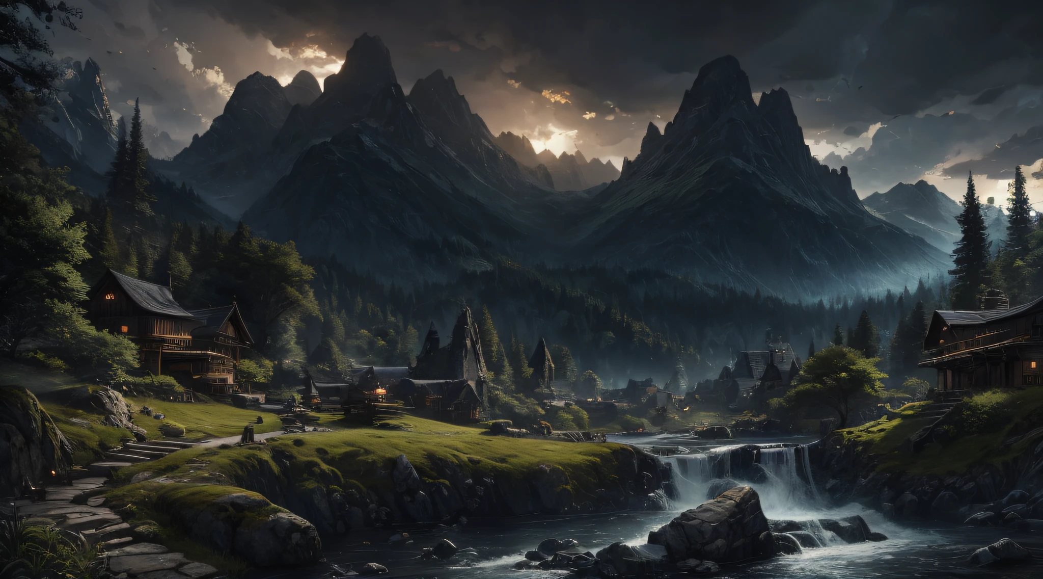 Lord of the rings landscape with a dense and whimsical forest intersected by a winding, rushing river with high mountains in the background forming an immense valley that stretches to the horizon, waterfalls, gray clouds, rocks, ancient ruins of statues and columns in foreground. ultra realistic digital illustration by J. R. R. Tolkien, Alan Lee, ale barbosa, rodolfo damaggio, alan koz, titled shelby, in the style of digital fantasy landscapes, plein air scenes, whistlerian, cryengine, atmospheric perspective, natural lighting, cinematic, global illumination, intricate, insanely detailed, vray tracing, unreal engine, masterpiece, perfect composition, UHD, HDR, 8k