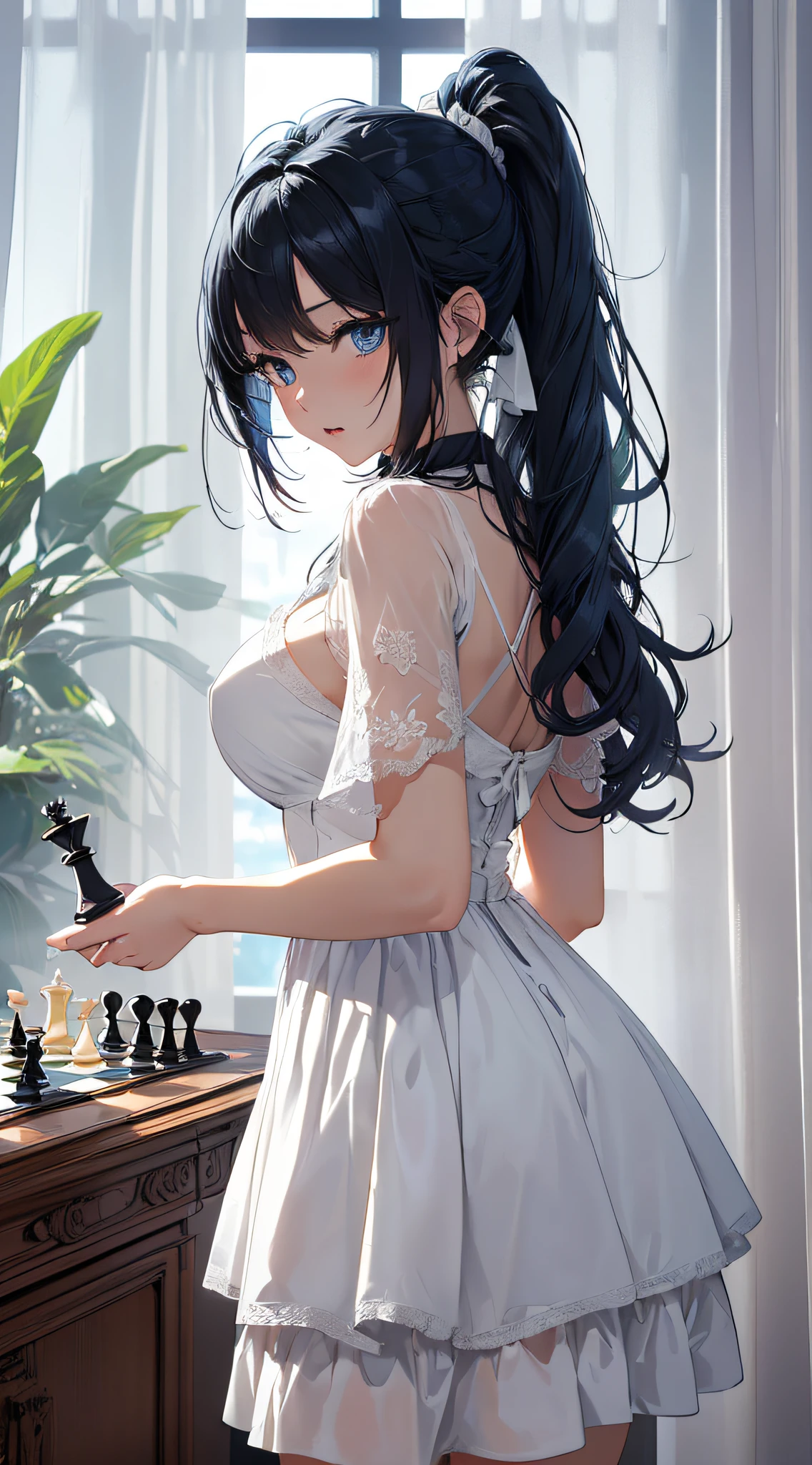 top-quality、Top image quality、masterpiece、girl with((cute little、18year old、Best Bust、Medium bust、Bust 85,Beautiful blue eyes、Breasts wide open,Ponytail with black hair、A slender、Blue hair mesh、Beautiful white dress、White short skirt、Playing chess))hiquality、Beautiful Art、Background with((Large White Room、White lighting,White curtains are fluttering)),masutepiece、Elaborate design、visualart、depth of fields、The best lighting、highestdetailed、8k