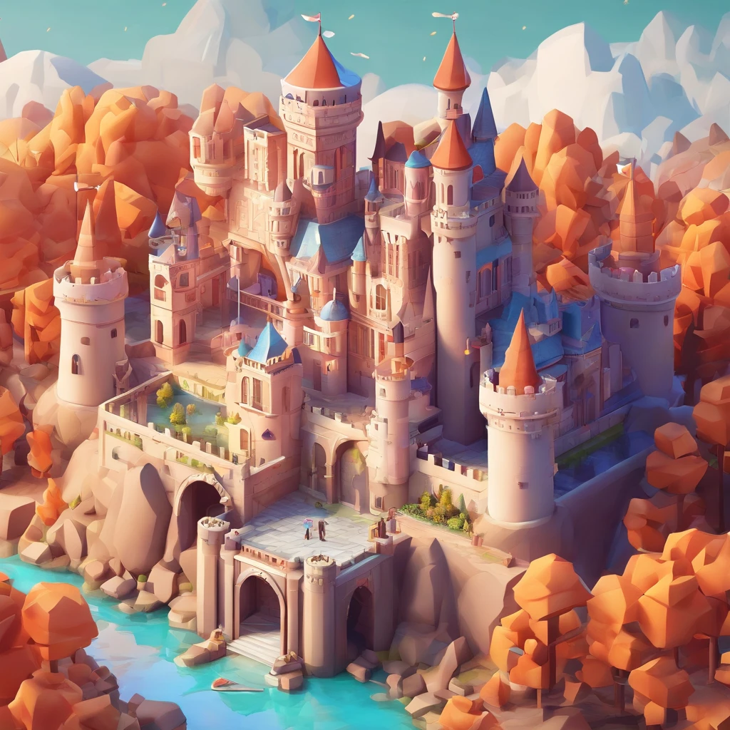 Cartoon castle, Cartoon design style, pop mart, Soft lighting, Smooth lines, tilt shift lens, Detailed science fiction illustration, Hyper-realistic details, warm color，