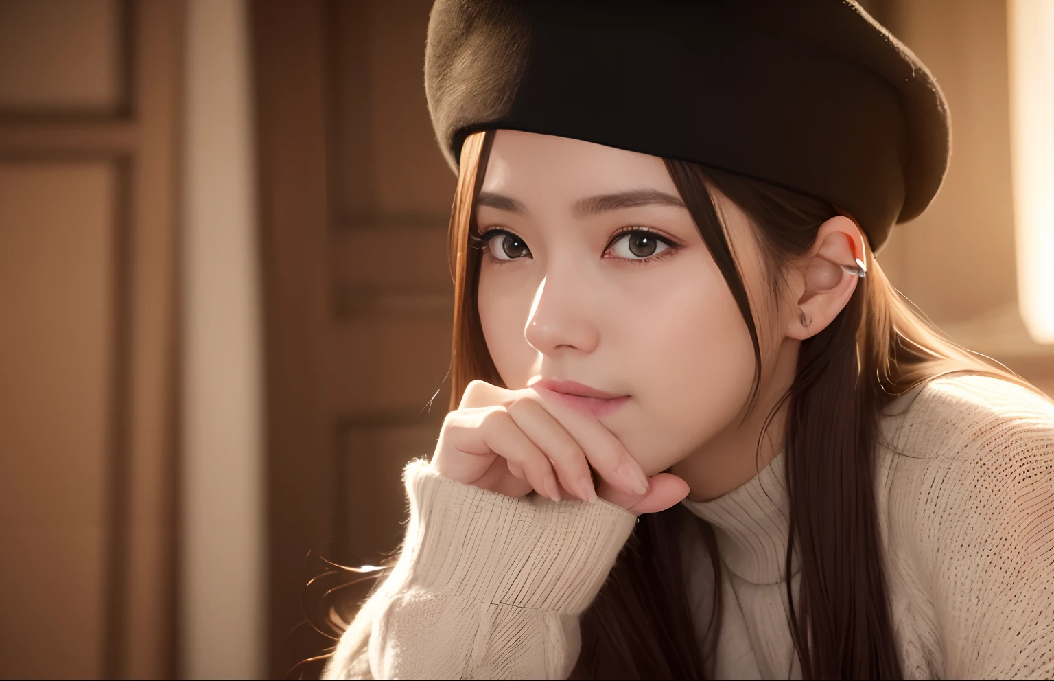 (Best Quality,8K,Realistic:1.37) ,Long hair,Brown hair, Colossal tits:1.5,Dim lighting,darkened room,Knitted clothing,knitted sweater,Tight sweater clothes,Thin open eyes,Open mouth,Shyness,Depression,japanes,sun burn、(Tecateca、The sheen、shiny,Glossy,Muchimuchi),full of sweat,full of sweat,real looking skin,Ear-piercing,beret