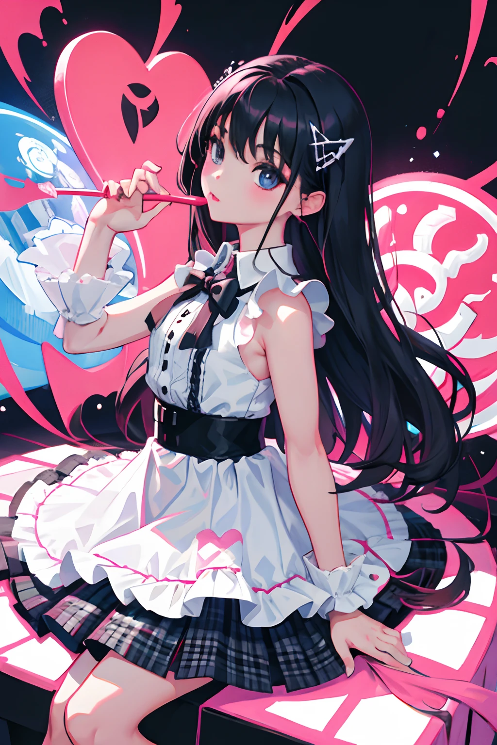 (),(masterpiece,Highest Quality),Sleeveless Goth Spank,(gingham checked skirt),A dark-haired,World of toys