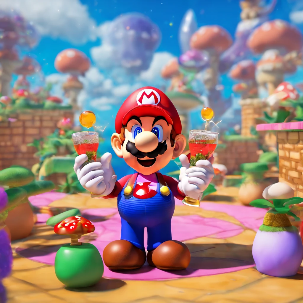 Mario form super Mario bros in a suit posing sigma drinking lean that’s purple in the mushroom kingdom 3d look
